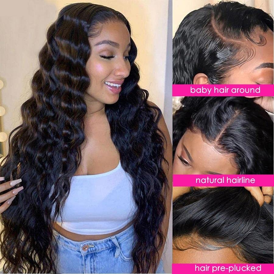 13x6 HD Transparent Deep Wave Lace Front Wig - Brazilian Human Hair Wigs for Women with Baby Hair | Glueless Curly Lace Frontal Wig | Pre-Plucked Natural Black (26 Inch) | Perfect for Daily Wear, Parties & Special Occasions