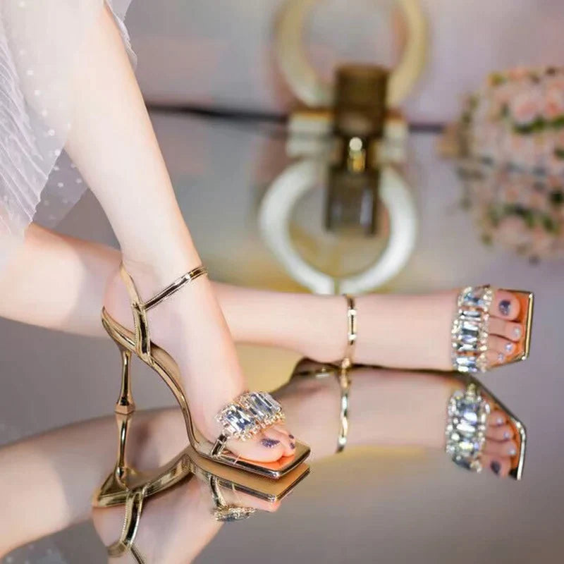 Luxury Gold & Silver High Heel Sandals for Women - Summer Square Toe Crystal Ankle Strap Party Pumps with Thin Heel - Perfect for Weddings, Prom, Evening Events & Special Occasions