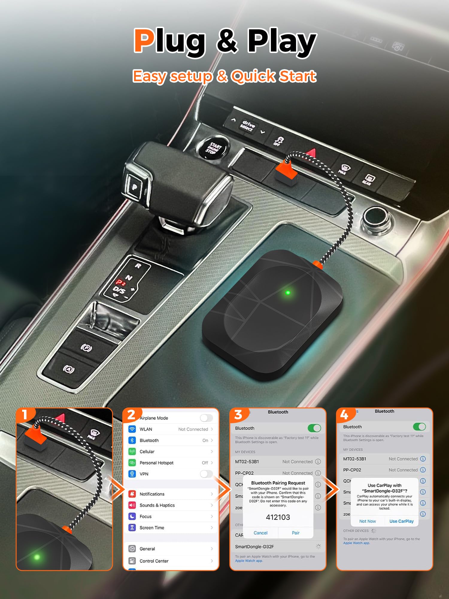 Wireless CarPlay Adapter for iPhone & Android - Plug & Play Auto Connect Converts Wired to Wireless CarPlay - Compatible with iOS 10+ & Android 11+ (Black) | Perfect for Hands-Free Driving & Seamless Music Streaming