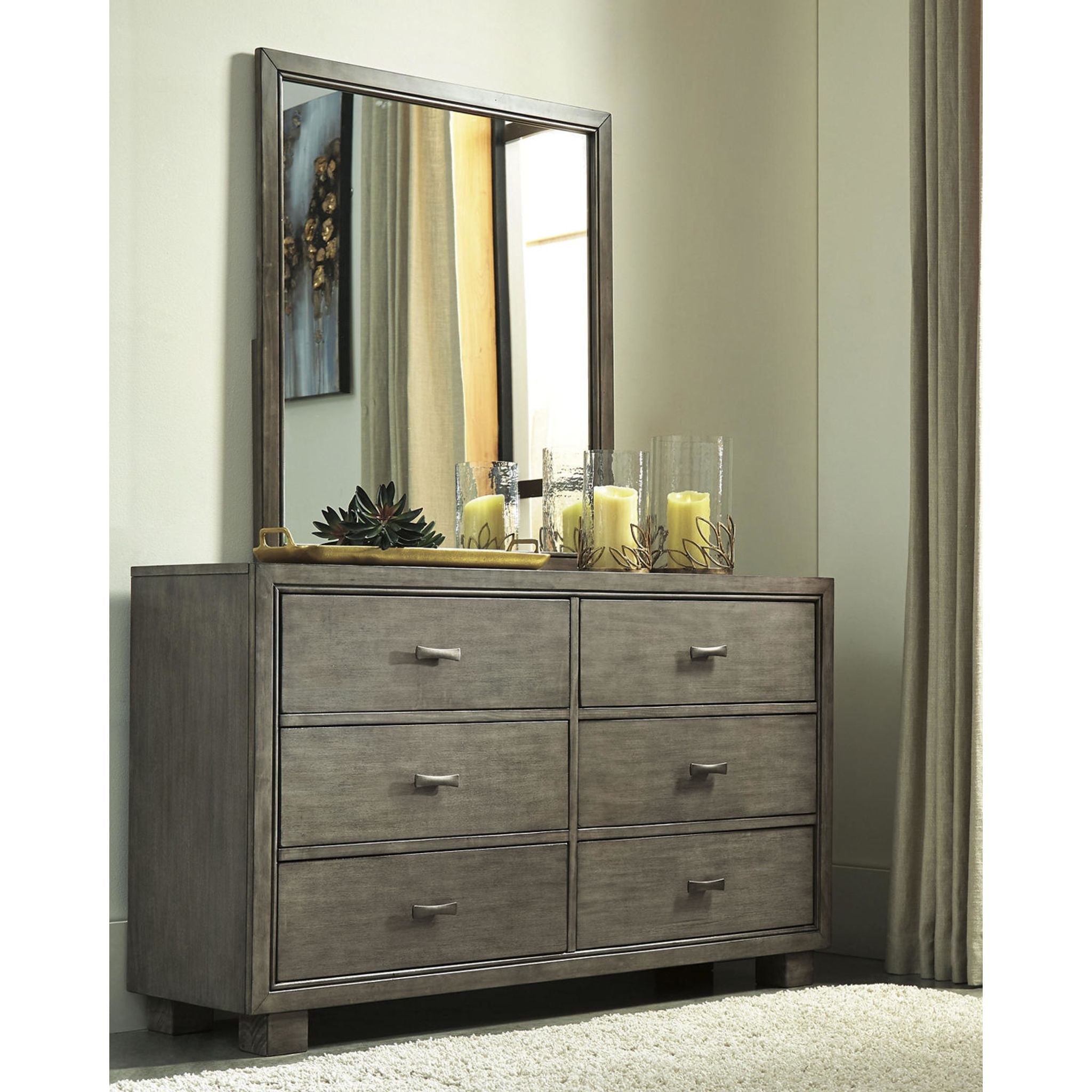 Arnett 6-Drawer Dresser with Mirror - Modern Gray Bedroom Furniture for Home Organization & Storage