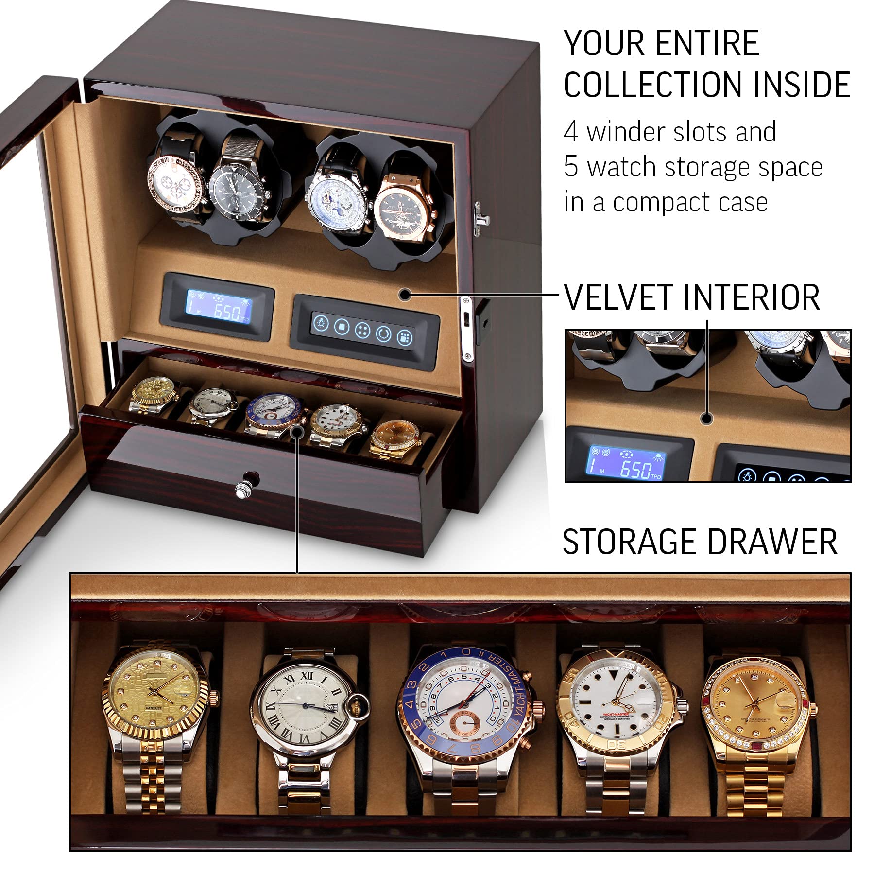 4 Watch Winder with 5 Watch Storage - Automatic Watch Winder Box with LCD Display, Touch Control & LED Light for Automatic Watches - Perfect for Watch Collectors & Luxury Timepiece Storage