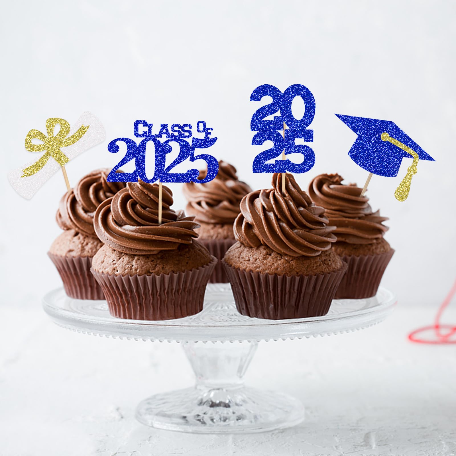 32Pcs Graduation Cupcake Toppers 2025 - Blue and Gold Class of 2025 Cake Decorations, Graduation Party Supplies for High School & College Celebrations - Perfect for Graduation Cakes, Cupcakes and Dessert Tables