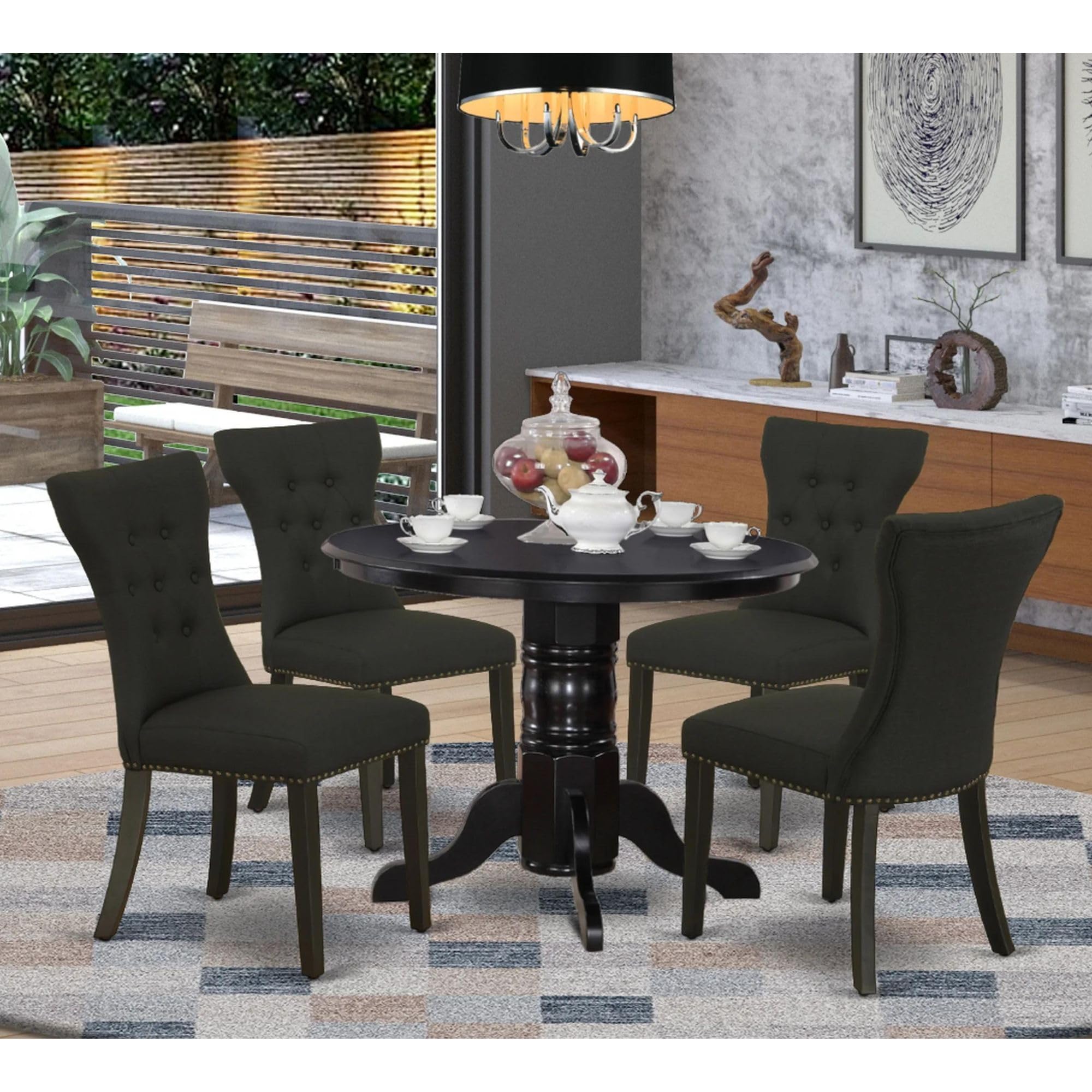 East West Furniture SHGA5-BLK-24 5-Piece Round Dining Table Set for 4 - 42x42 Inch Black Kitchen Table with Pedestal Base & 4 Black Linen Upholstered Chairs - Perfect for Small Spaces, Breakfast Nooks, and Cozy Kitchen Dining