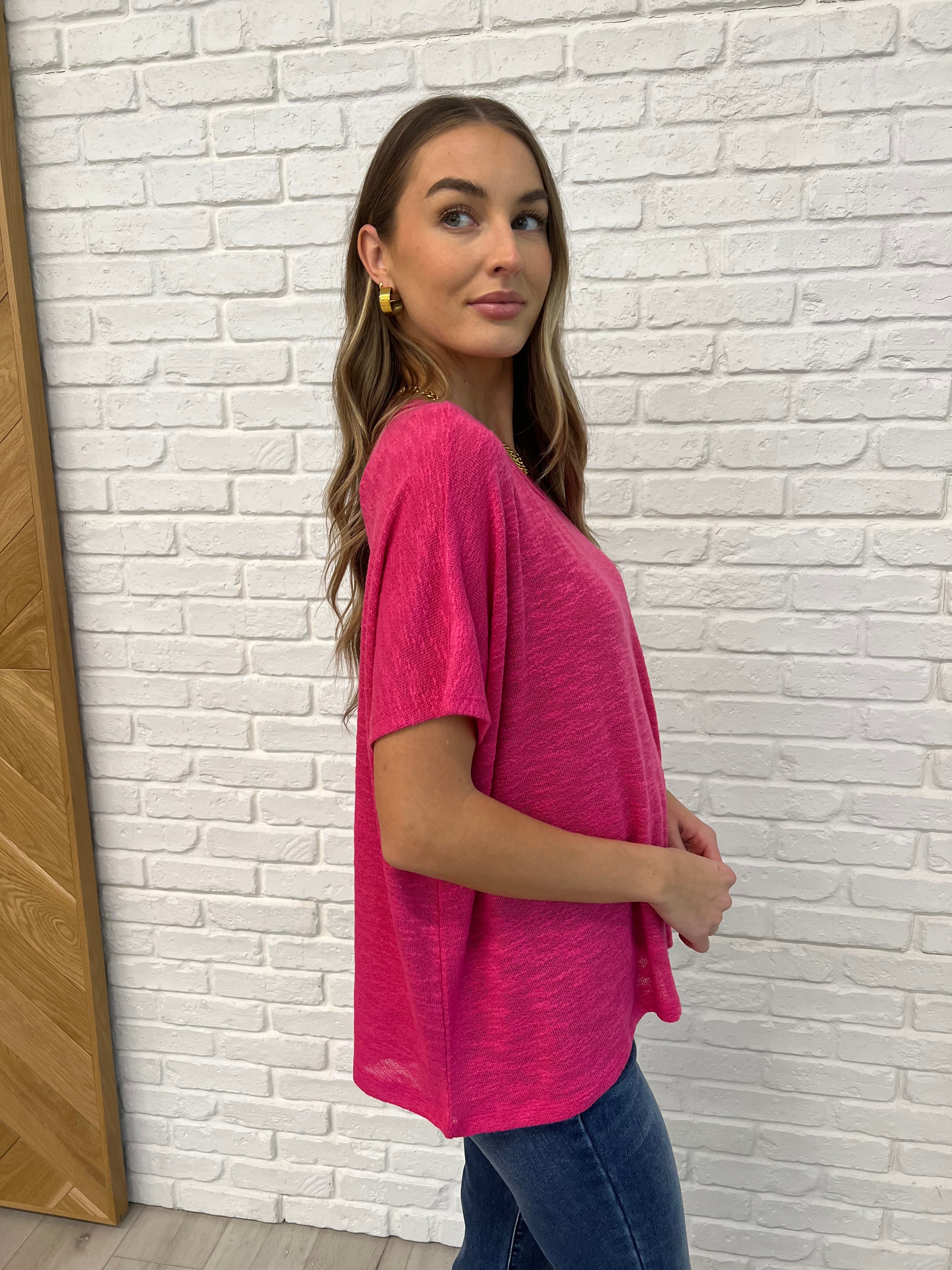 Flowy Dolman Sleeve Blouse in Hot Pink - Women's Loose Fit Casual Tunic Top for Summer Outfits & Layering