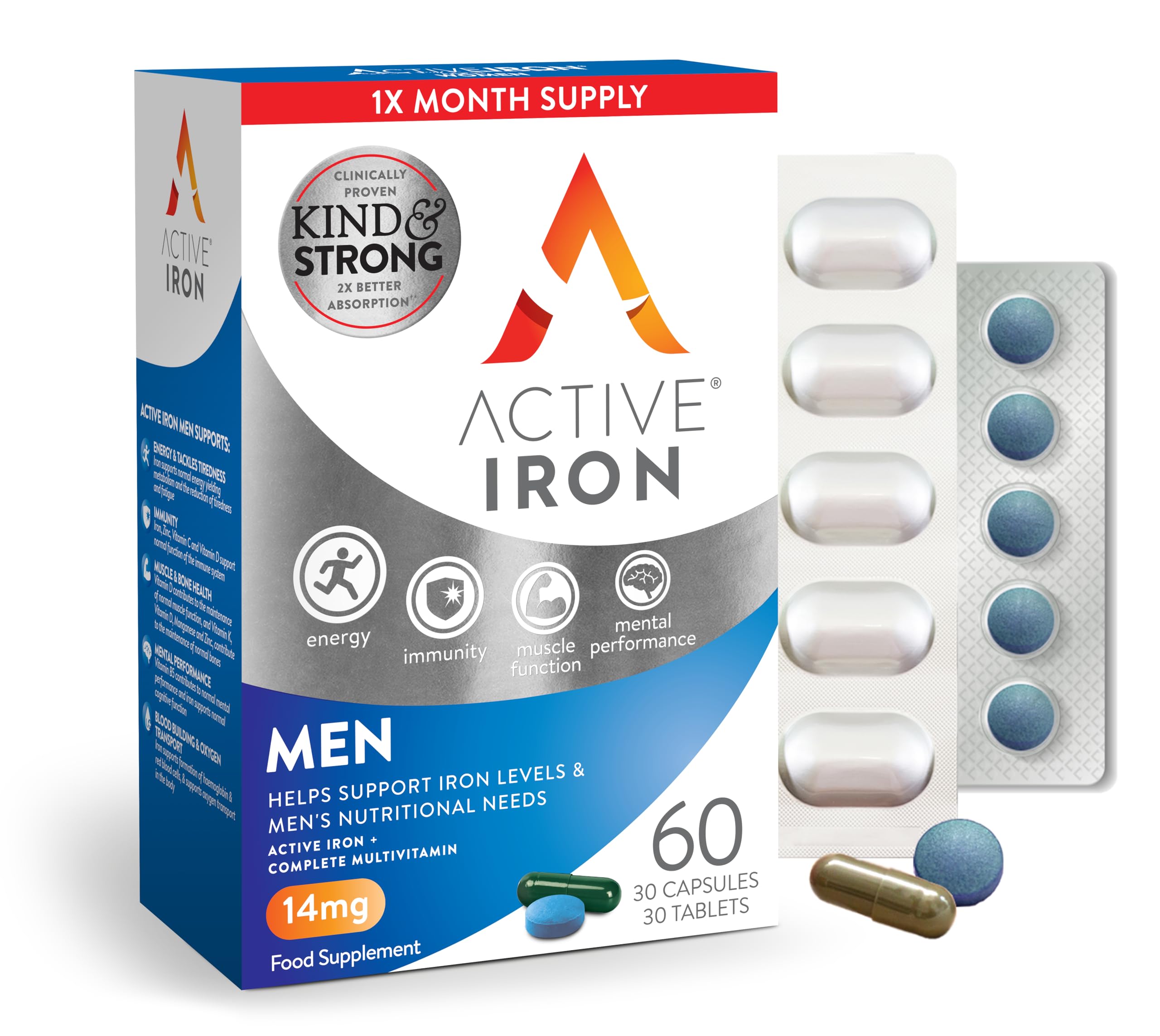 Active Iron Men's Complete Multivitamin Supplement with High Strength B Vitamins - 30 Iron Capsules + 30 Multivitamin Tablets, Non-Constipating Formula, 1-Month Supply - Supports Energy, Immunity & Overall Health for Active Men