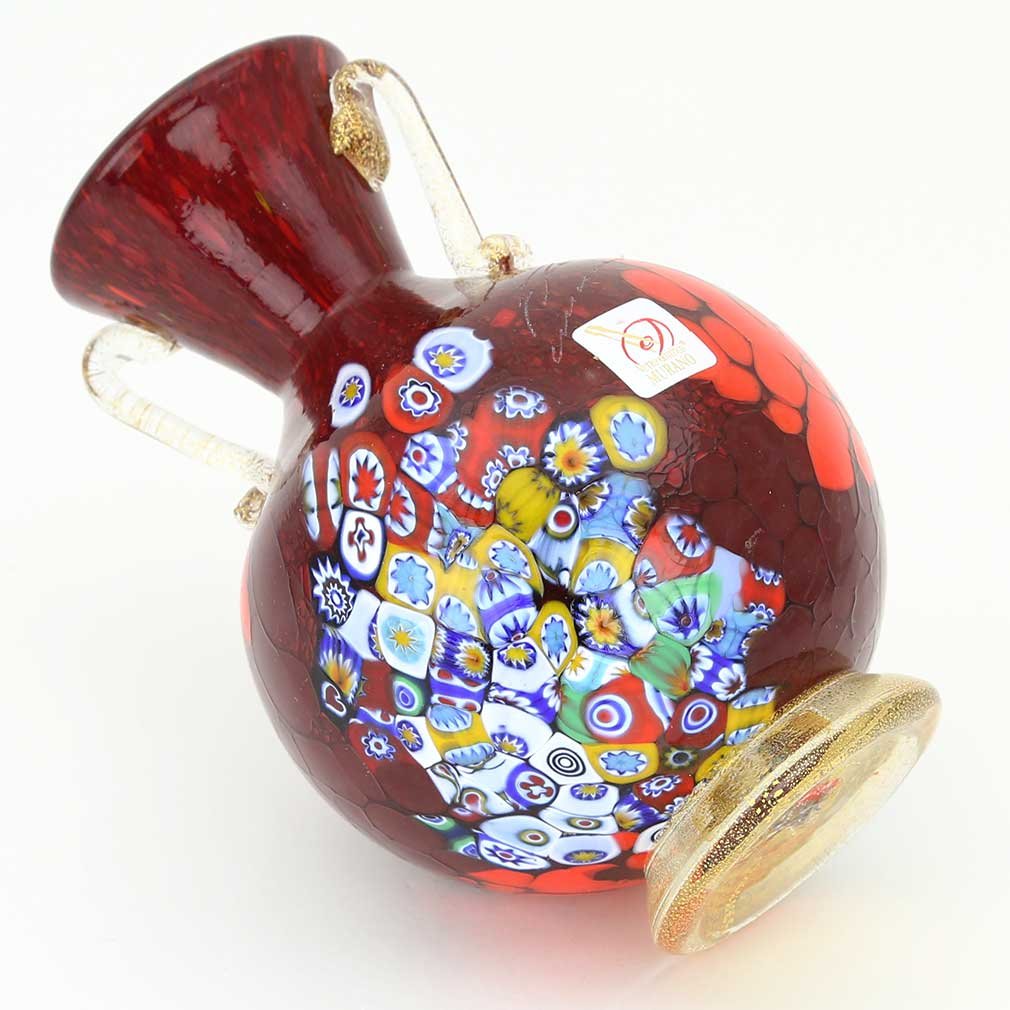 Authentic Murano Glass Millefiori Vase with 24K Gold Handles - Venetian Red - Perfect for Home Decor, Wedding Centerpieces & Luxury Gifts