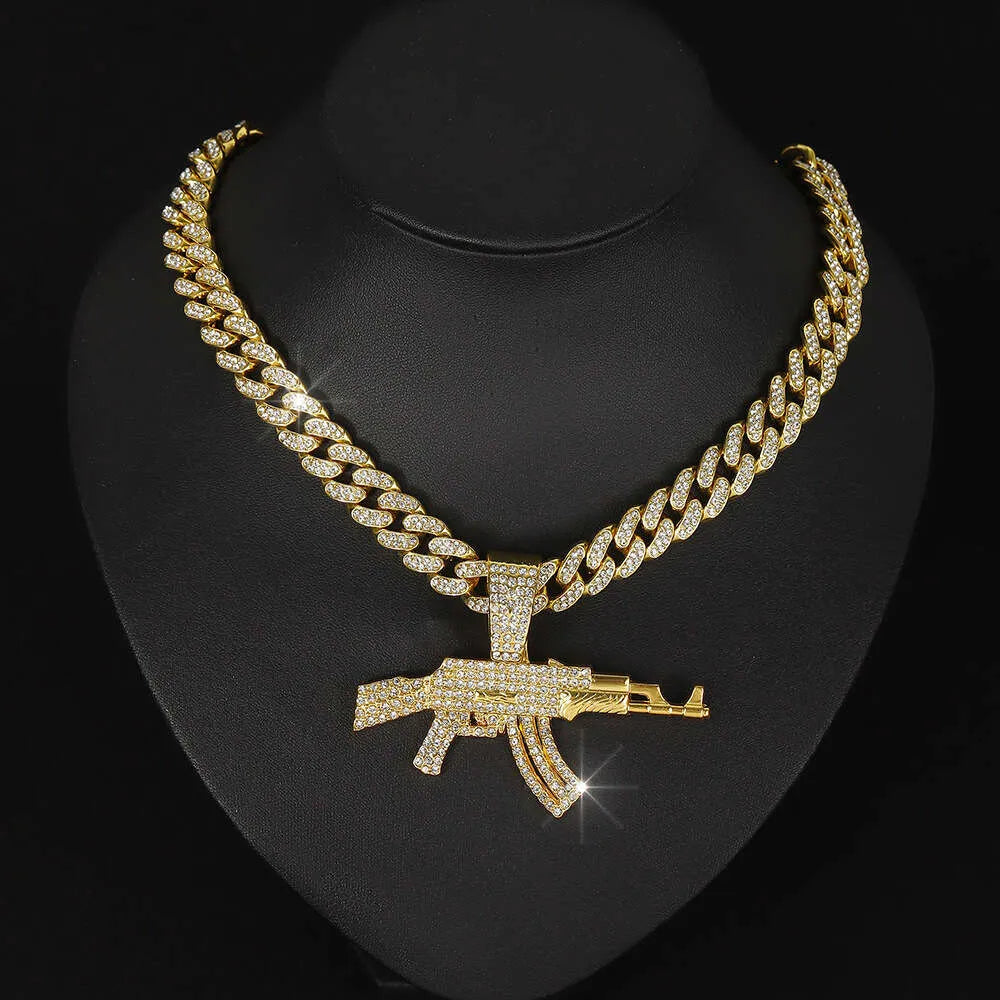 18K Gold AK47 Pendant Necklace for Men - Iced Out VVS Moissanite Hip Hop Gun Jewelry - Perfect for Rappers, Gangsta Style & Streetwear Fashion