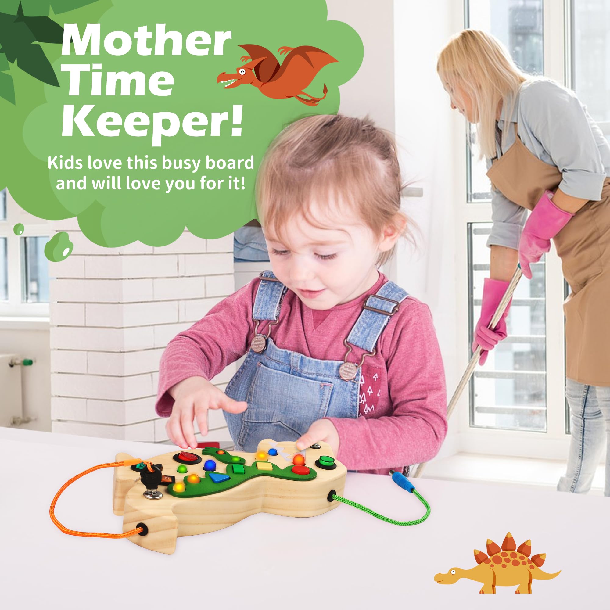 Montessori Busy Board Toy for Toddlers - Wooden Dinosaur Sensory Activity Board with 10 LED Light Switches | Travel Toy for Boys & Girls | Perfect for Airplane, Car Rides & Early Learning Development