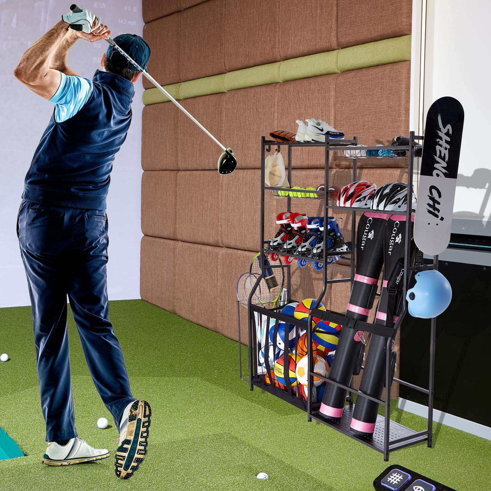 VEVOR Golf Bag Organizer Stand - Heavy Duty Golf Bag Storage Rack with Hooks for Sports Equipment, Toys & Gear - Perfect for Garage, Basement & Club Storage Organization