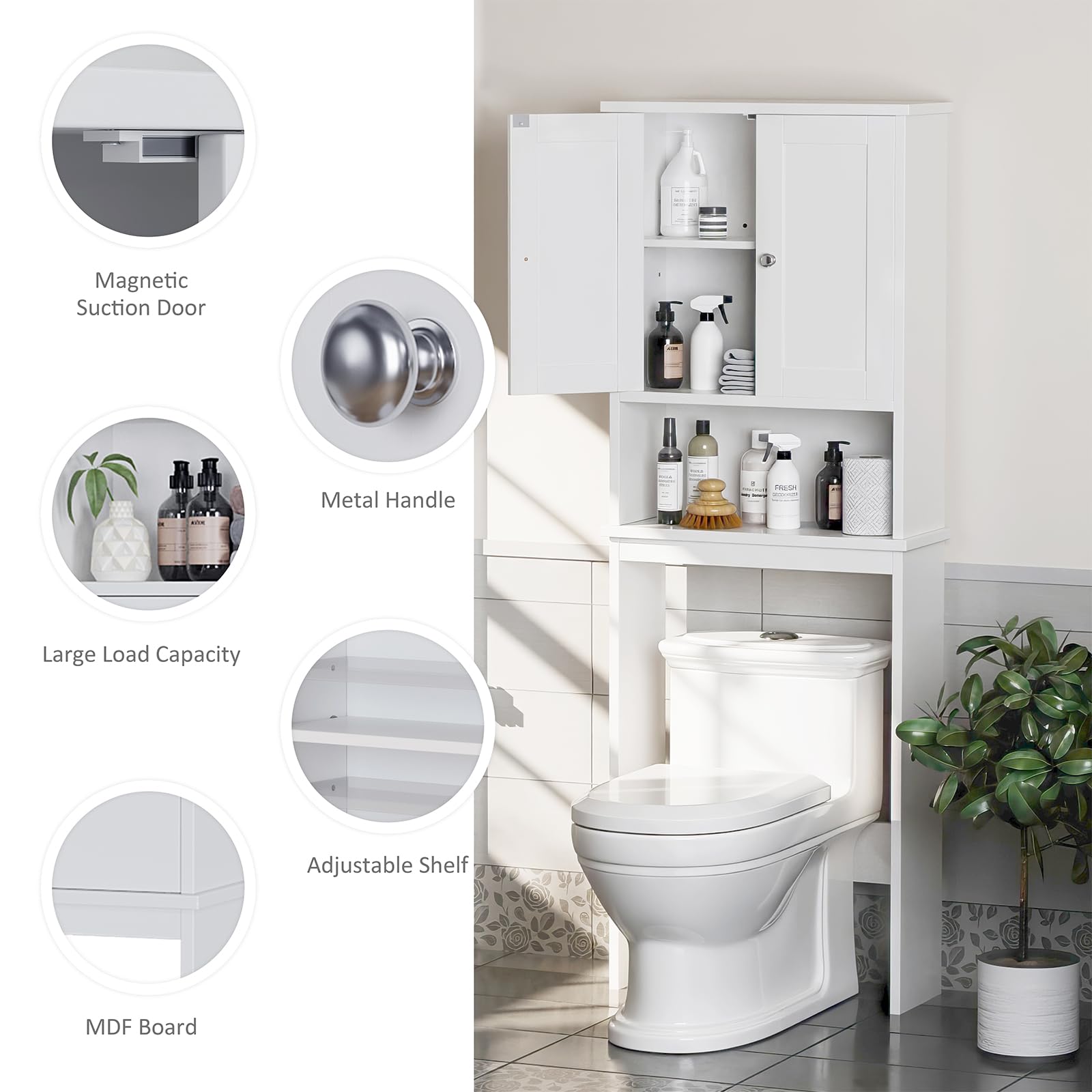 Meilocar Over The Toilet Storage Cabinet - White Bathroom Organizer with Adjustable Shelves & Open Storage | Space-Saving Bathroom Cabinet for Toiletries, Towels & Essentials - Perfect for Small Bathrooms & Apartment Living
