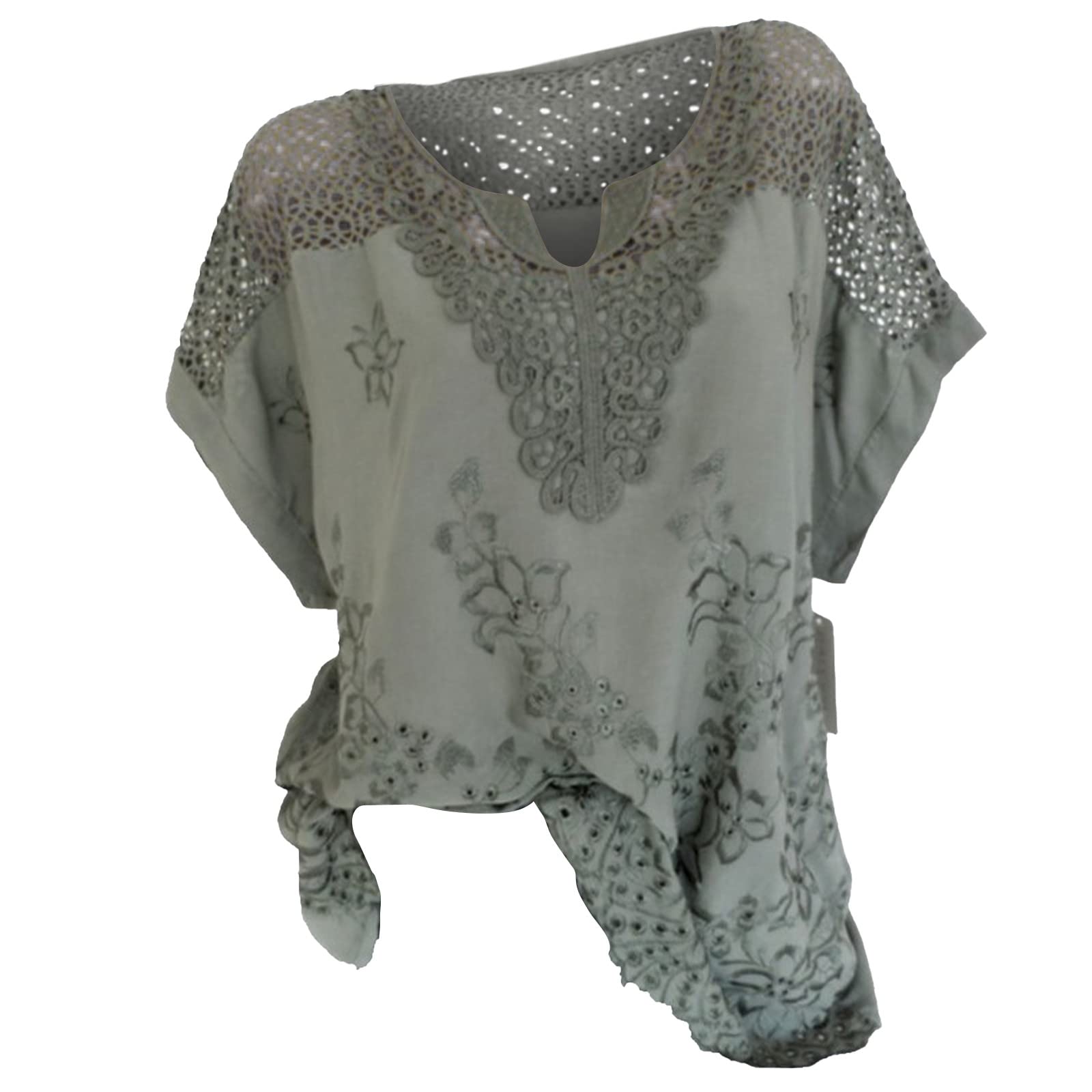 Women's Elegant Floral Lace Summer Tops - Casual V-Neck Short Sleeve Tee Shirt - Loose Flowy Tunic Blouse for Beach, Vacation & Everyday Wear