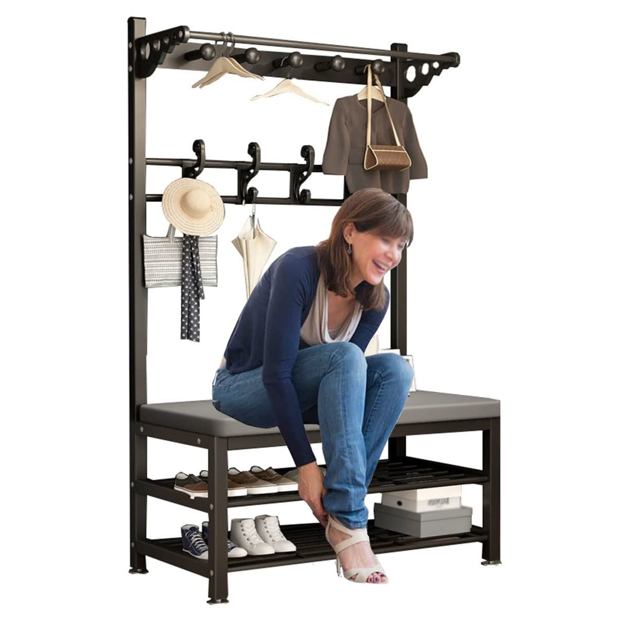 Free Standing Hall Tree with 9 Hooks & 2-Tier Shelves - Coat Rack Shoe Bench for Entryway, Bedroom, Living Room - Sturdy Metal Frame (Black, 100x33x170cm) - Perfect for Organizing Jackets, Shoes & Accessories in Small Spaces