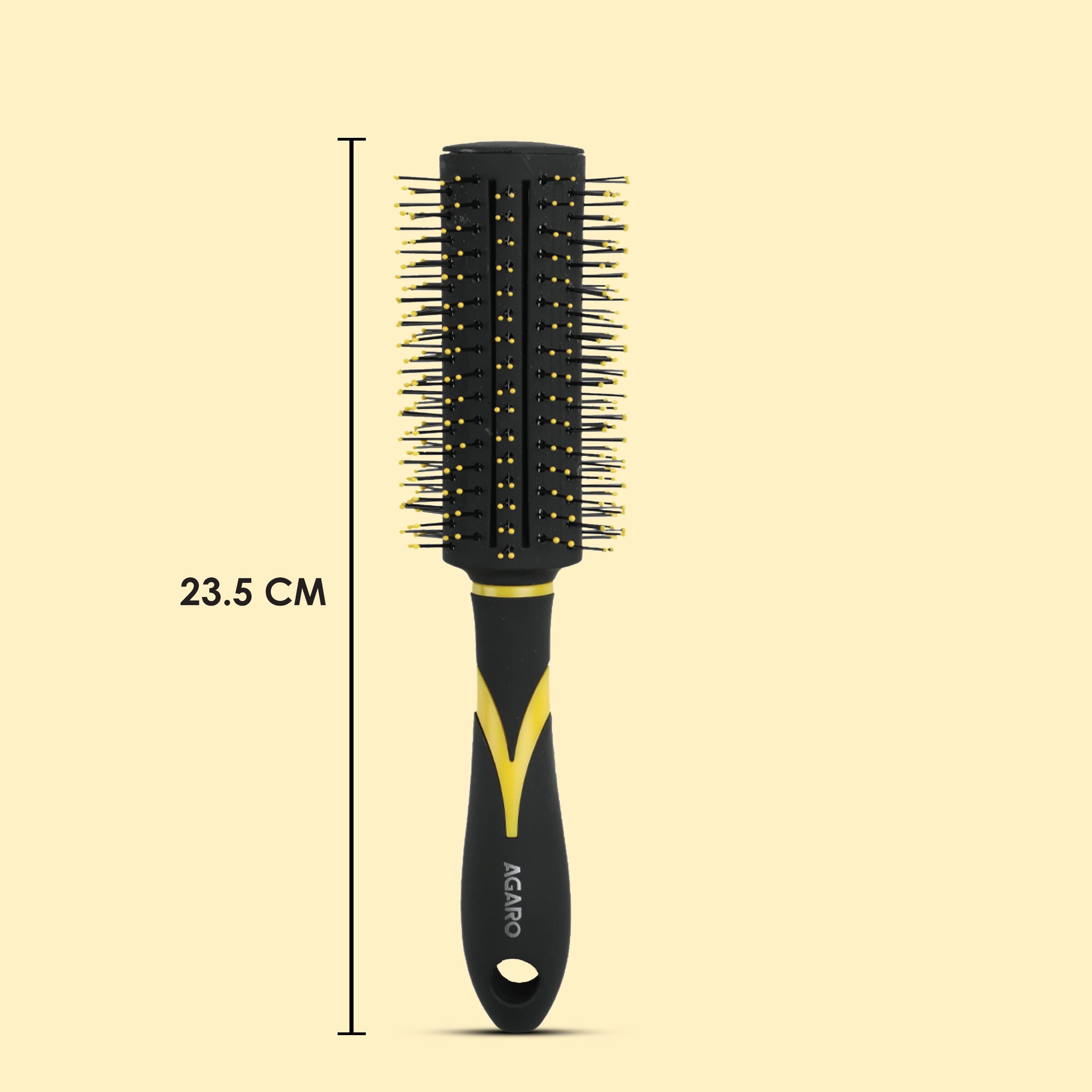 Agaro Breeze Round Hair Brush with Strong Flexible Boar Bristles & Anti-Static Ball Tips - Creates Quick Curls, Waves & Volume for Medium to Long Hair - Yellow & Black - Perfect for Salon Styling & Home Hair Care