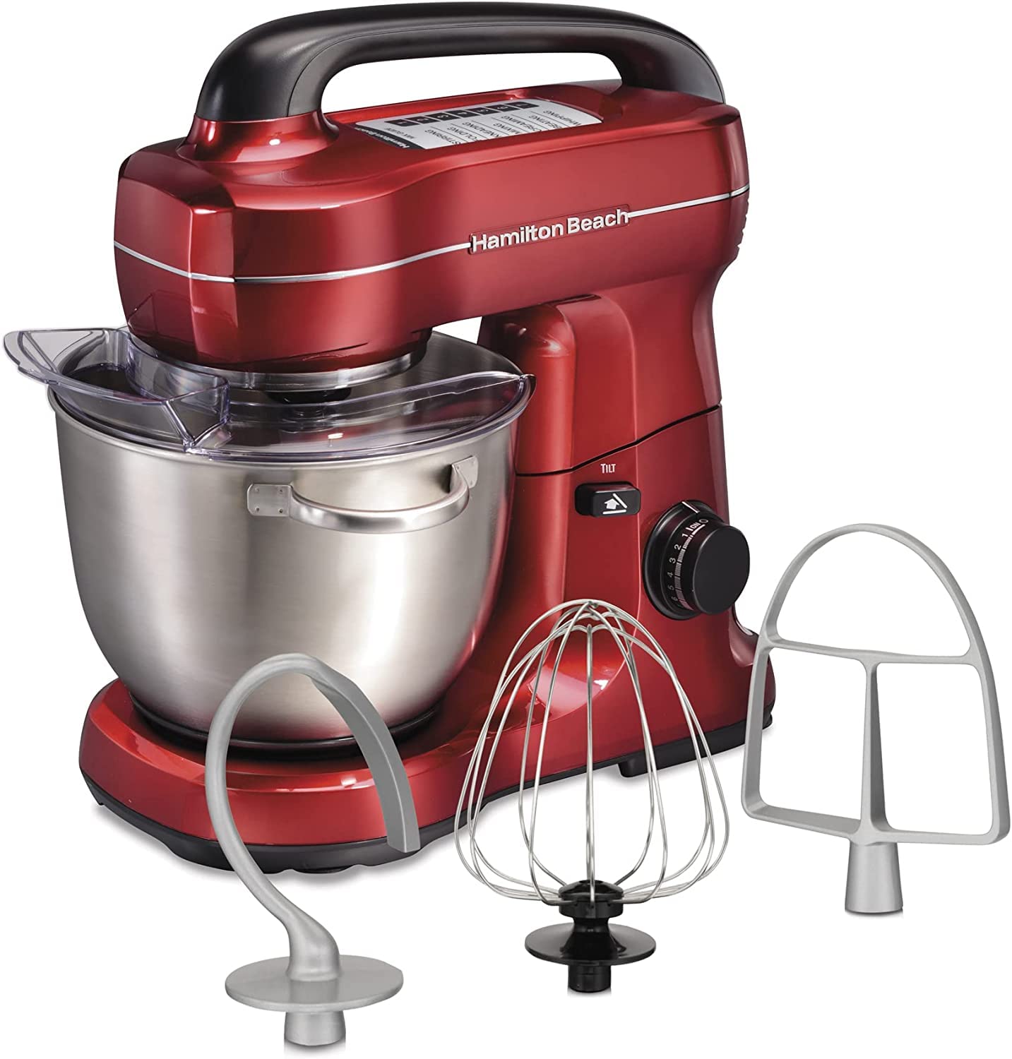 Hamilton Beach 4-Quart Electric Stand Mixer with Dough Hook, Flat Beater & Whisk - 7 Speed Settings & Splash Guard - Perfect for Baking Bread, Cakes & Cookies (Red)