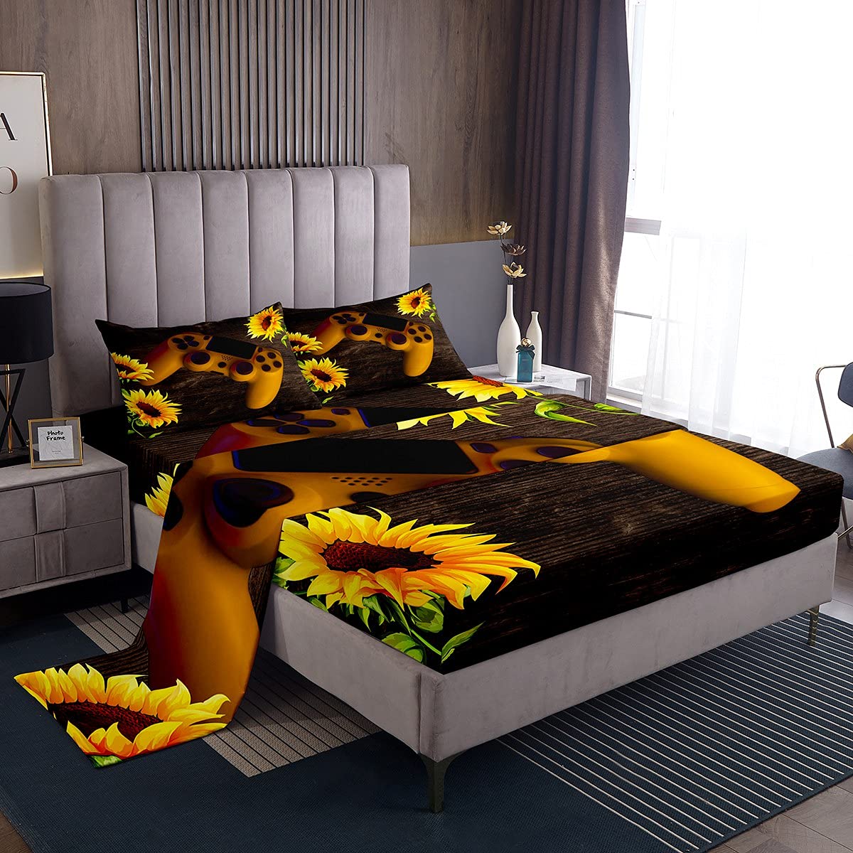 Manfei Full Size 4-Piece Gamer Bed Sheet Set - Yellow Sunflower Design with Deep Pocket Fitted Sheet, Flat Sheet & 2 Pillowcases - Wooden Board Flower Gamerpad Bedding for Kids, Boys & Teens - Perfect for Gaming Rooms, Teen Bedrooms & Dorm Decor