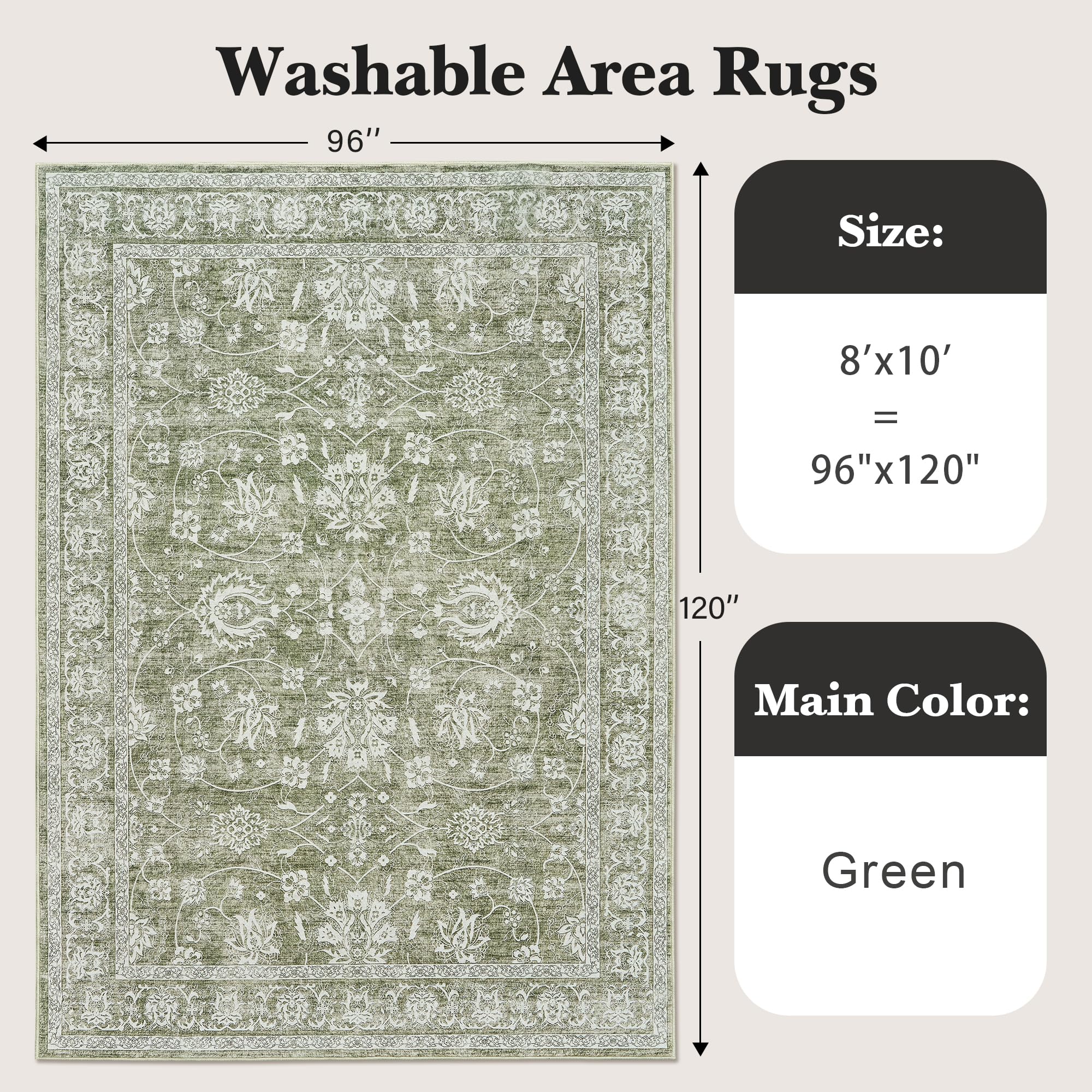 Valenrug 8x10 Area Rug - Machine Washable Non-Slip Living Room Rug, Stain Resistant Bedroom Carpet | Soft & Durable Indoor Floor Mat for Home Decor (8'x10', Green) | Perfect for Living Spaces, Bedrooms & High-Traffic Areas