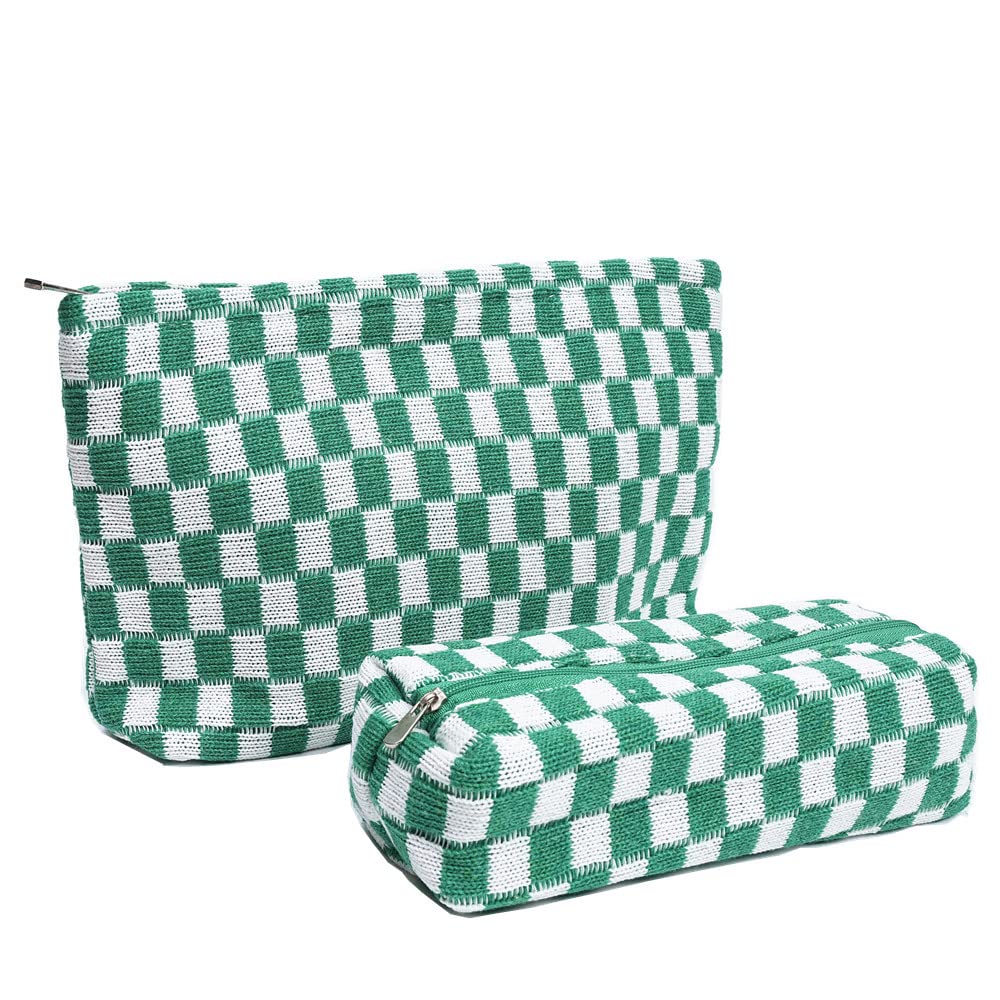 Checkered Makeup Bag Set of 2 - Large Cosmetic Organizer & Brush Pouch - Portable Travel Makeup Case for Women (Green) | Perfect for Travel, Gym & Daily Beauty Storage