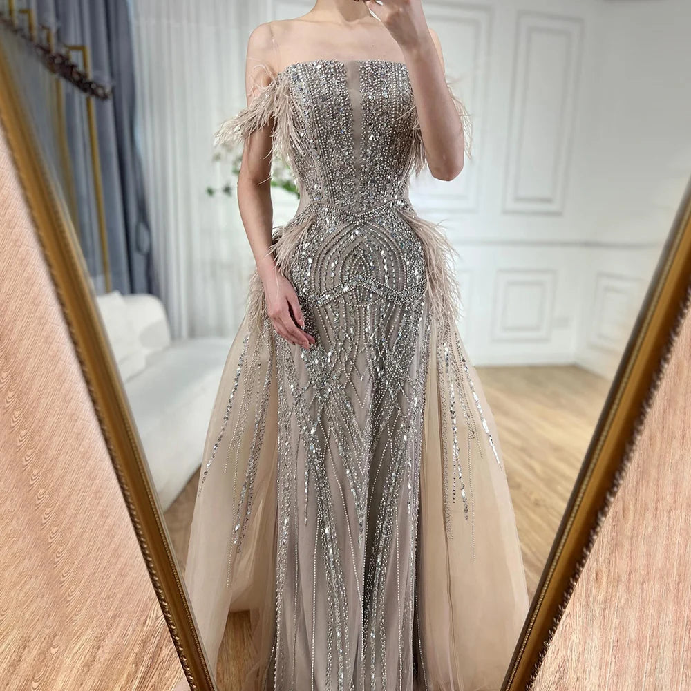 Luxury Dubai Blue Mermaid Gown with Feathers & Beads - Saudi Arabian Evening Dress with Overlay Skirt for Formal Events, Weddings, Galas & Red Carpet Occasions LA72727