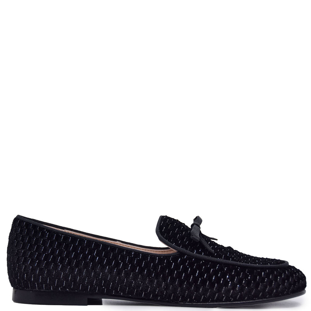 Beberlis Black Velvet Bow Loafers for Women - Elegant Slip-On Dress Shoes for Work, Wedding & Formal Occasions
