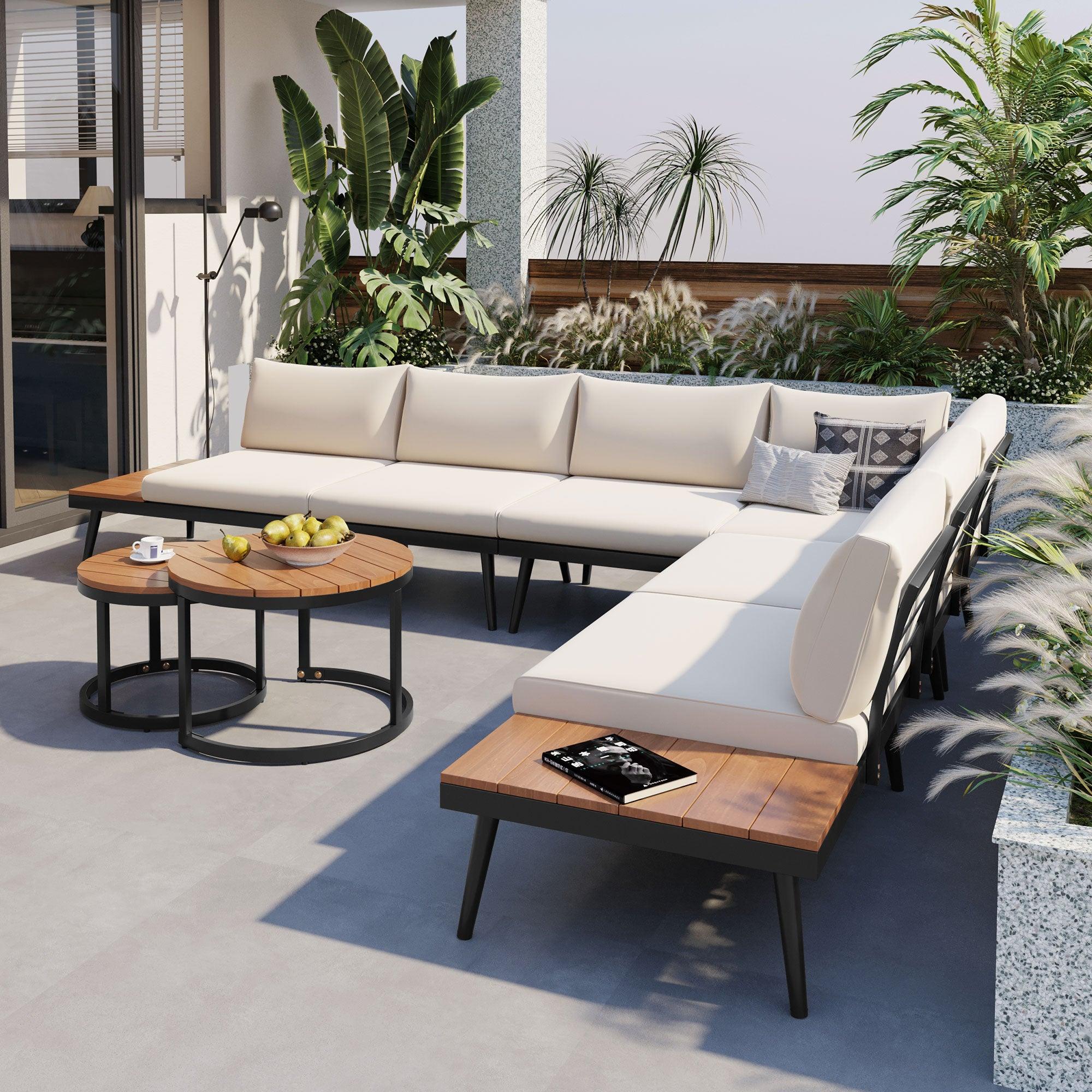 6-Piece Outdoor Sectional Sofa Set with Round Nesting Coffee Tables & Cushioned Seating - Patio, Porch, Garden Furniture for Backyard, Poolside & Outdoor Living Spaces