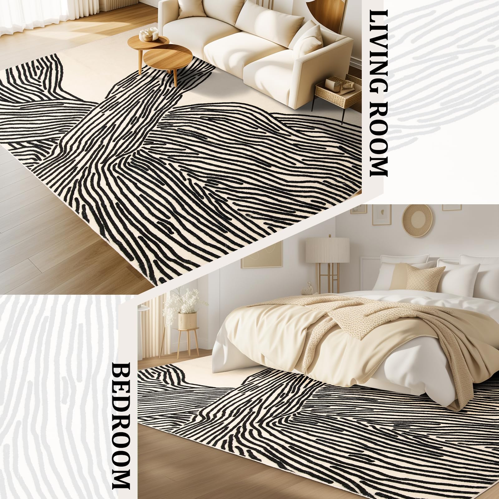 YIHOUSE 8×10 Ft Non-Shedding Washable Area Rug - Soft Faux Wool Modern Striped Black and White Rug for Bedroom, Living Room, Dining Room, Office, Playroom & Nursery | Non-Slip Contemporary Large Rug for Home Decor & Cozy Floor Comfort