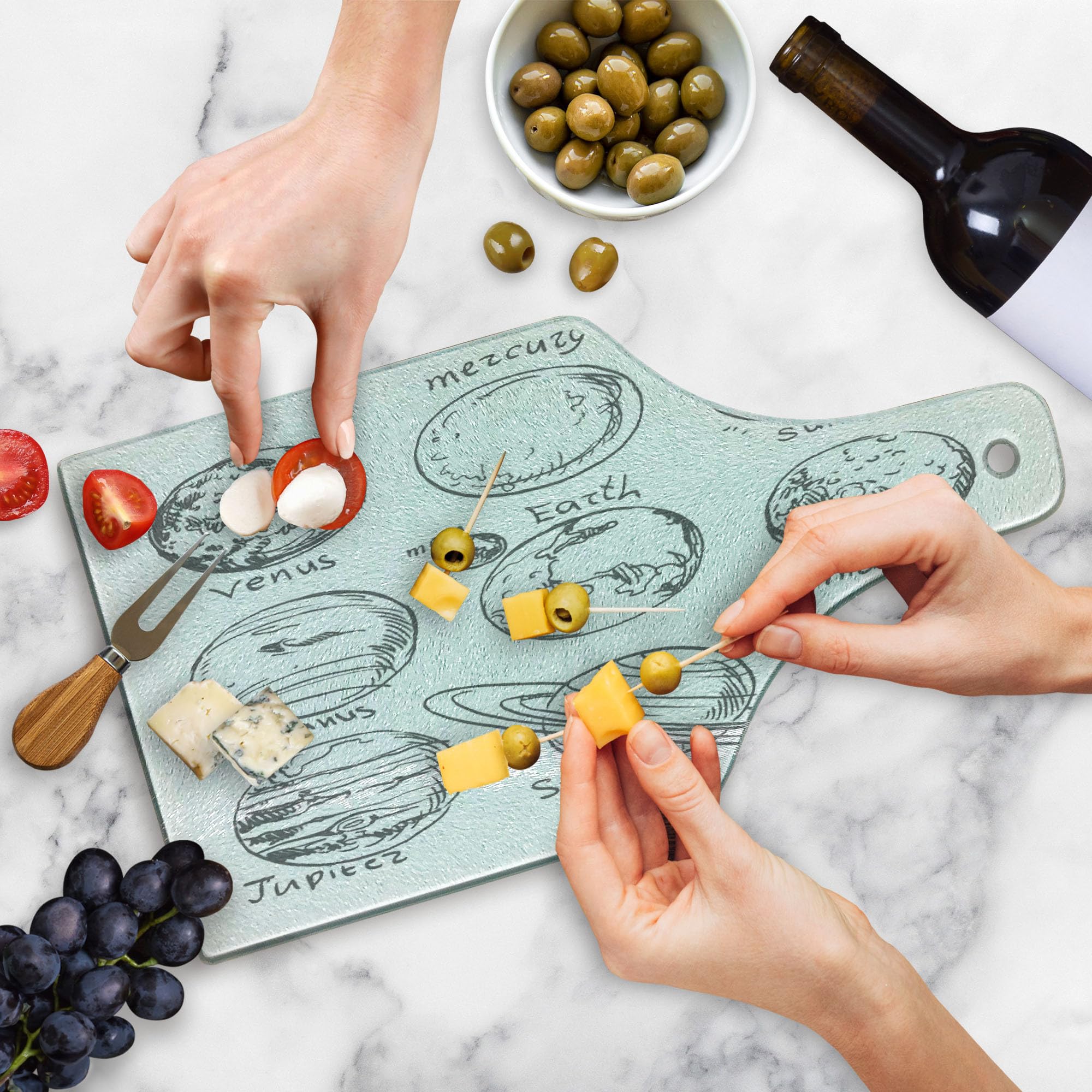 Ambesonne Solar System Cutting Board - Tempered Glass Kitchen Serving Board with Sun, Mercury, Earth, Moon, Mars, Neptune, Saturn & Jupiter Design - Black & White Wine Bottle Shape for Cheese, Charcuterie & Party Platters - Perfect for Science Lovers & Astronomy Themed Kitchens
