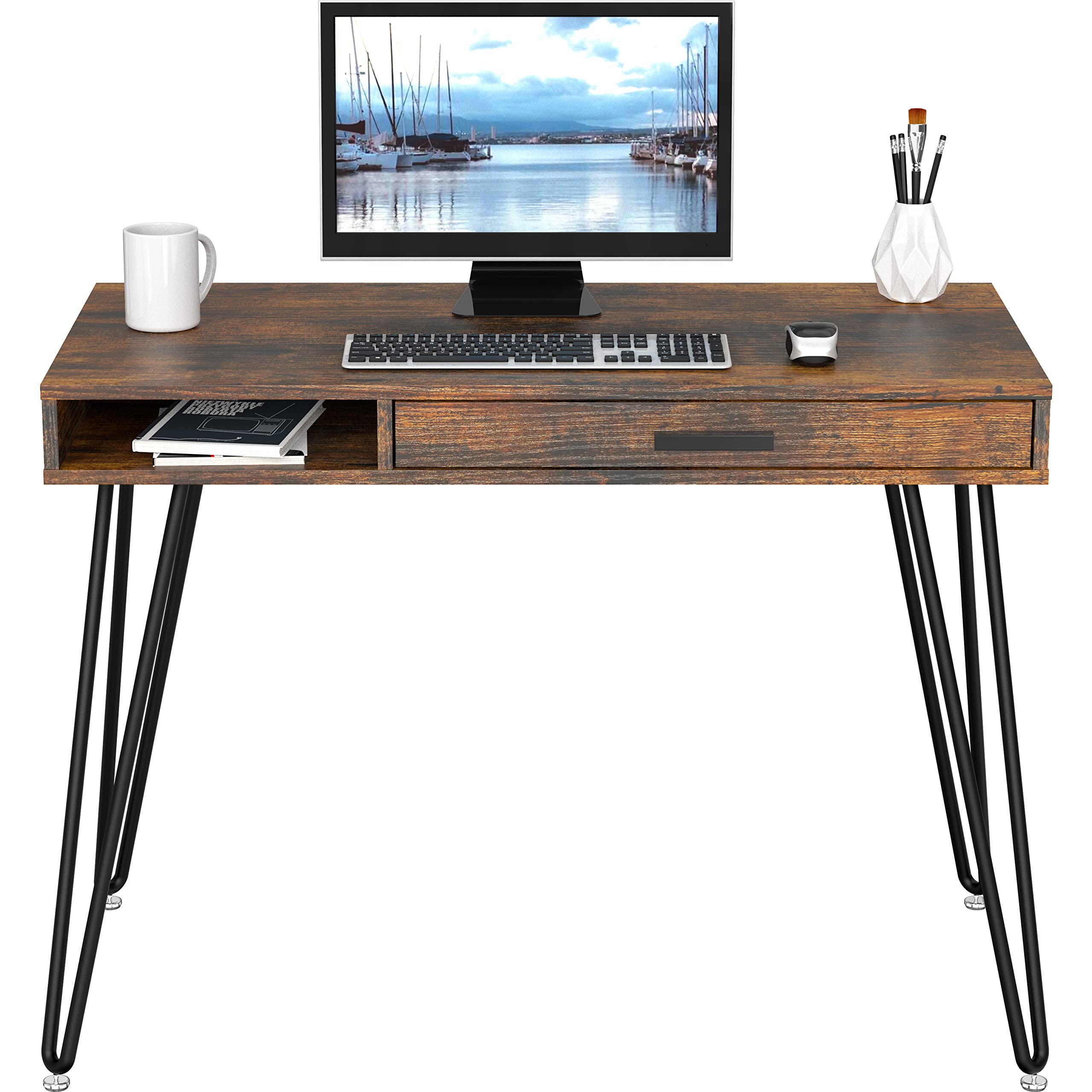 SHW Home Office Computer Desk with Drawer & Hairpin Legs - Rustic Brown Wood Writing Table for Small Spaces, Work from Home, Study & Office Use