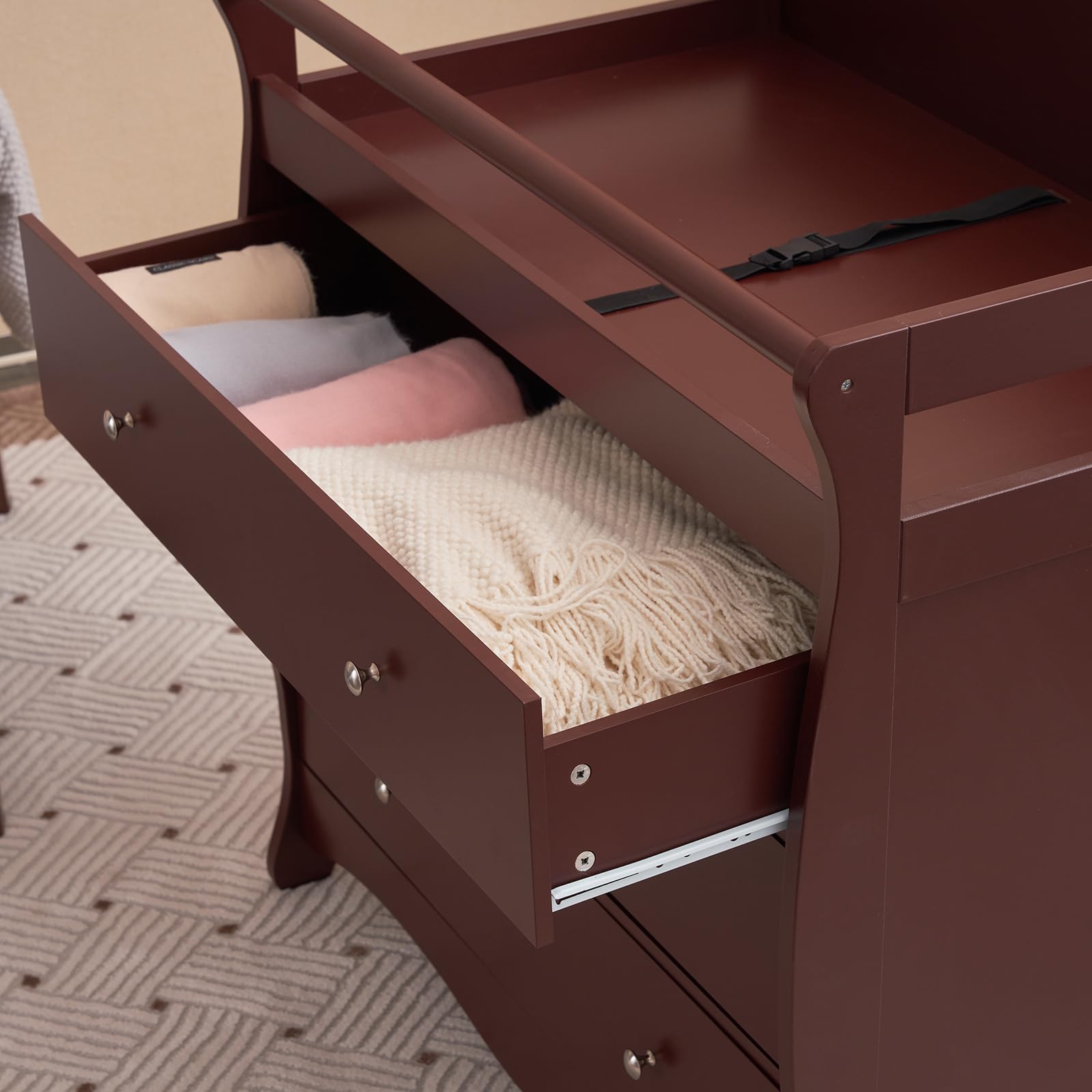 Karl Home Baby Changing Table Dresser with 3 Drawers, Safety Rail & Strap - Nursery Changing Station for Diapers, Infant Care - Perfect for Bedroom, Nursery & Baby Room Organization (Brown)