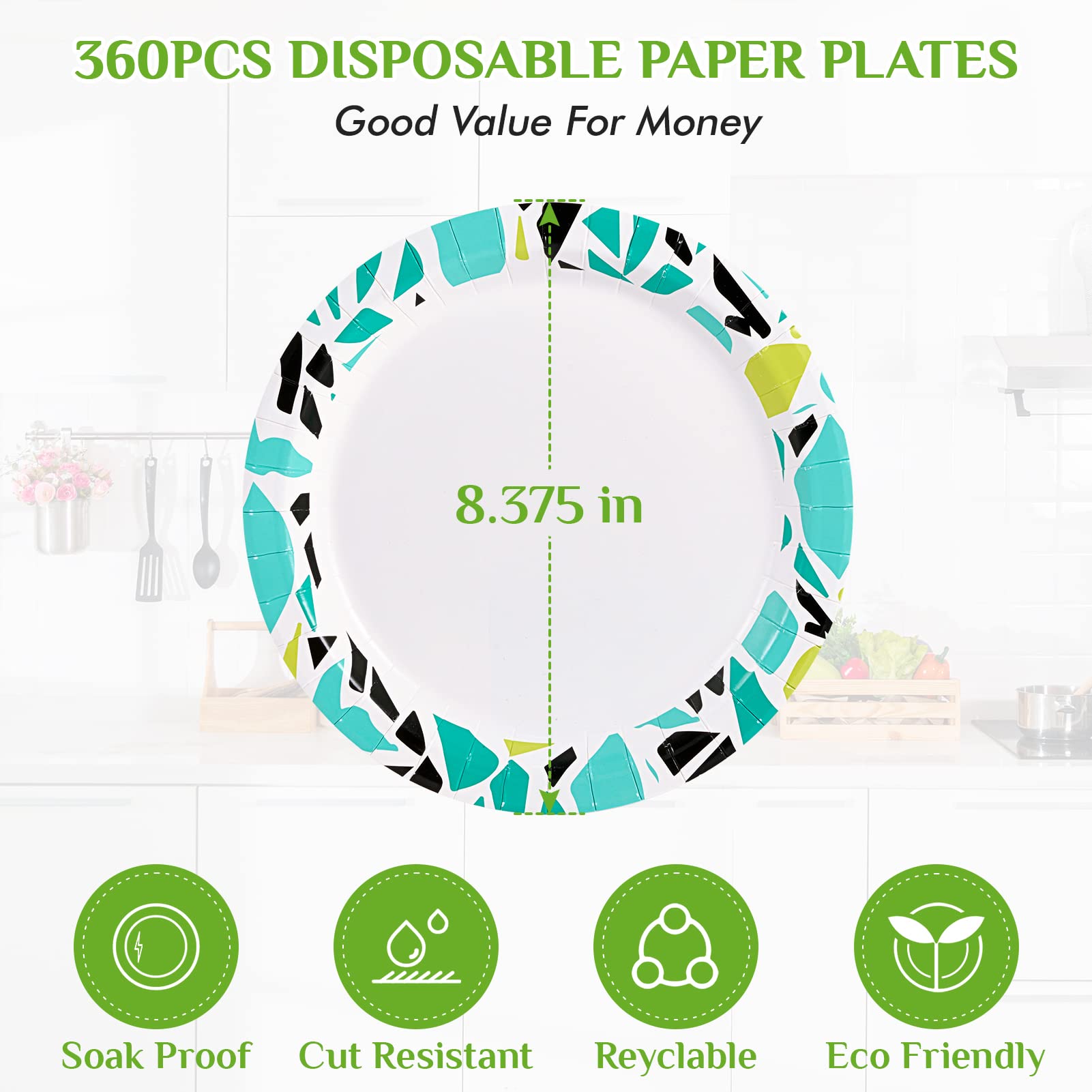 FOCUSLINE 360 Pack 8.375 Inch Disposable Paper Plates - Soak Proof & Cut Proof Bulk Party Plates for Birthday, BBQ, Picnic, Camping & Family Gatherings - Durable Eco-Friendly Dinnerware for Outdoor Events & Everyday Use