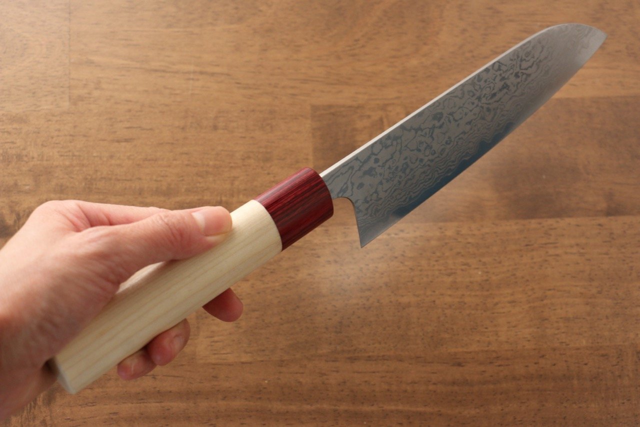 Masakage Kiri VG10 Damascus Santoku Knife 170mm - Japanese Magnolia Wood Handle - Professional Chef Knife for Slicing, Dicing & Chopping Vegetables, Meat & Fish