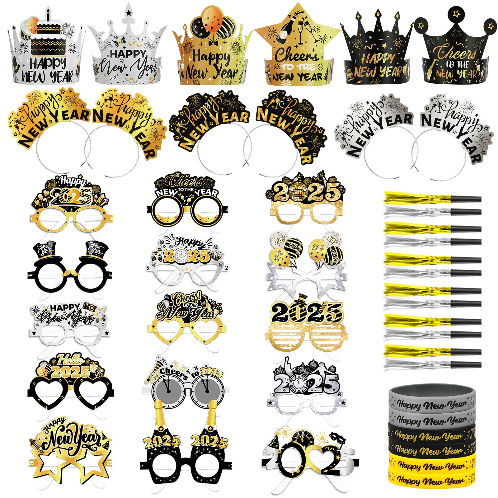 2025 New Year's Eve Party Supplies Kit - 45pcs Black Gold Silver Happy New Year Glasses, Headbands & Noisemakers for NYE Decorations | Perfect for Countdown Parties, Ball Drop Celebrations & New Year's Eve Festivities