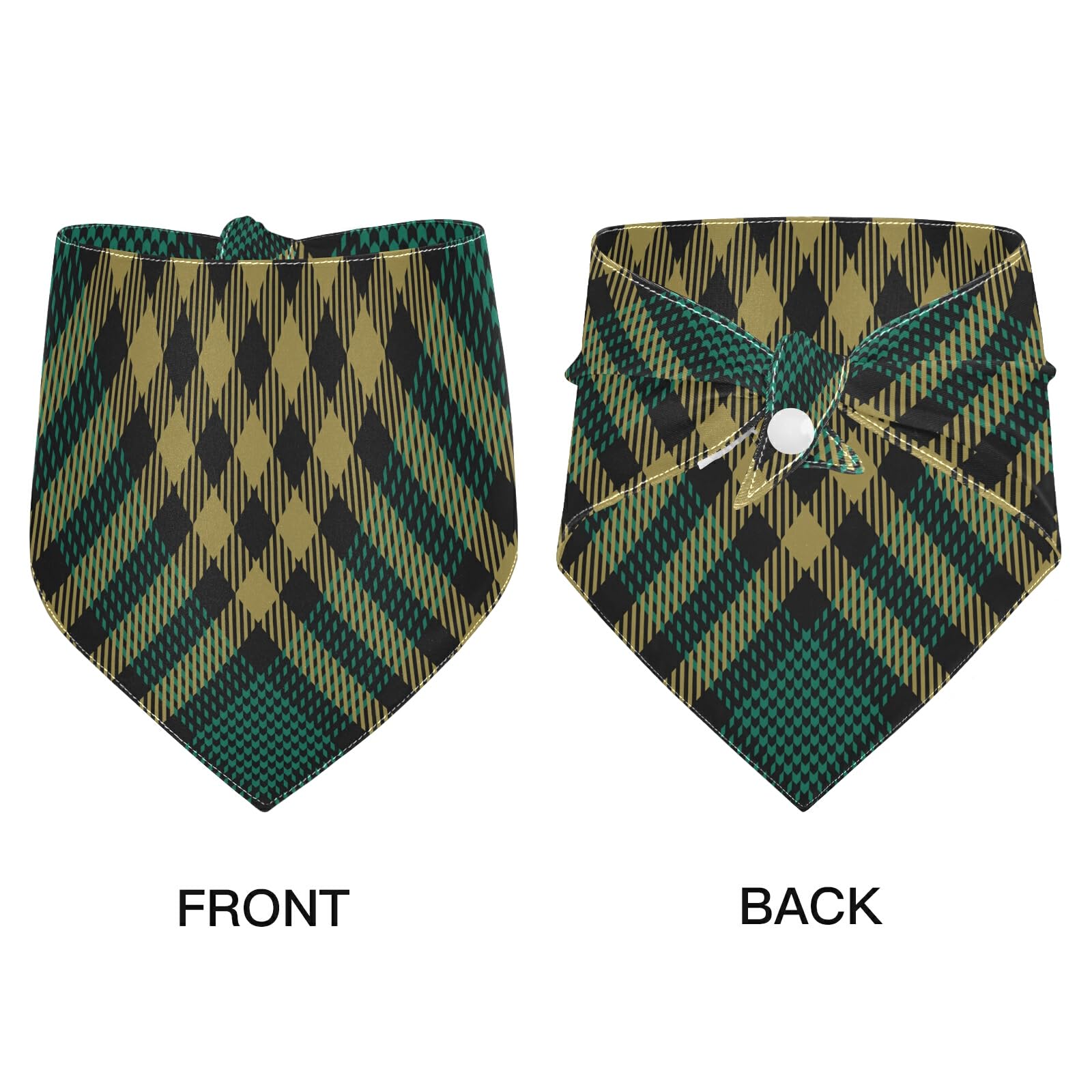 2 Pack Dog Bandanas - Black Gold Green Tartan Plaid Pattern, Soft Breathable Milk Silk, Snap Button Triangle Bibs for Small Medium Large Dogs - Perfect for Christmas, Halloween & Pet Holiday Accessories (Pet Scarf, Kerchief Set)