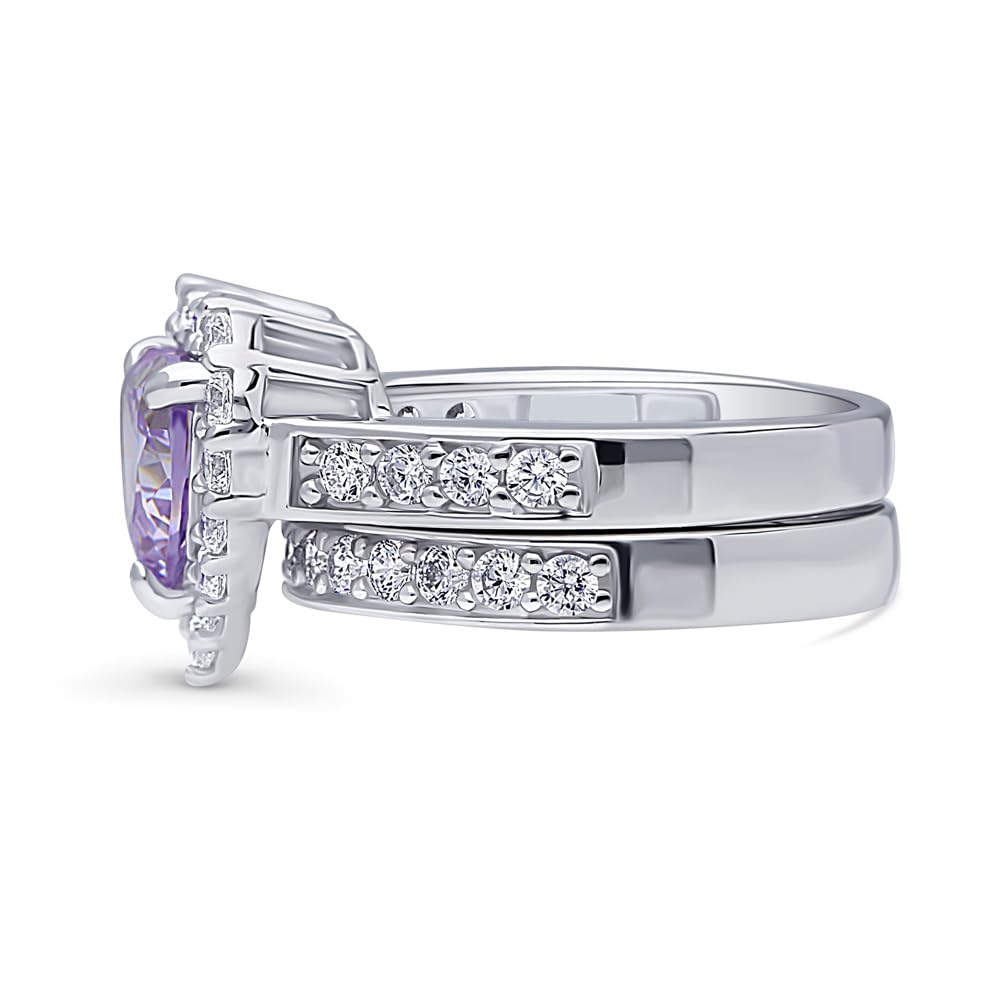 BERRICLE Sterling Silver Halo Wedding Engagement Ring Set - Purple Heart Shaped Cubic Zirconia CZ Statement Ring for Women, Rhodium Plated Size 4-10 | Perfect for Valentine's Day, Anniversary Gifts & Romantic Proposals