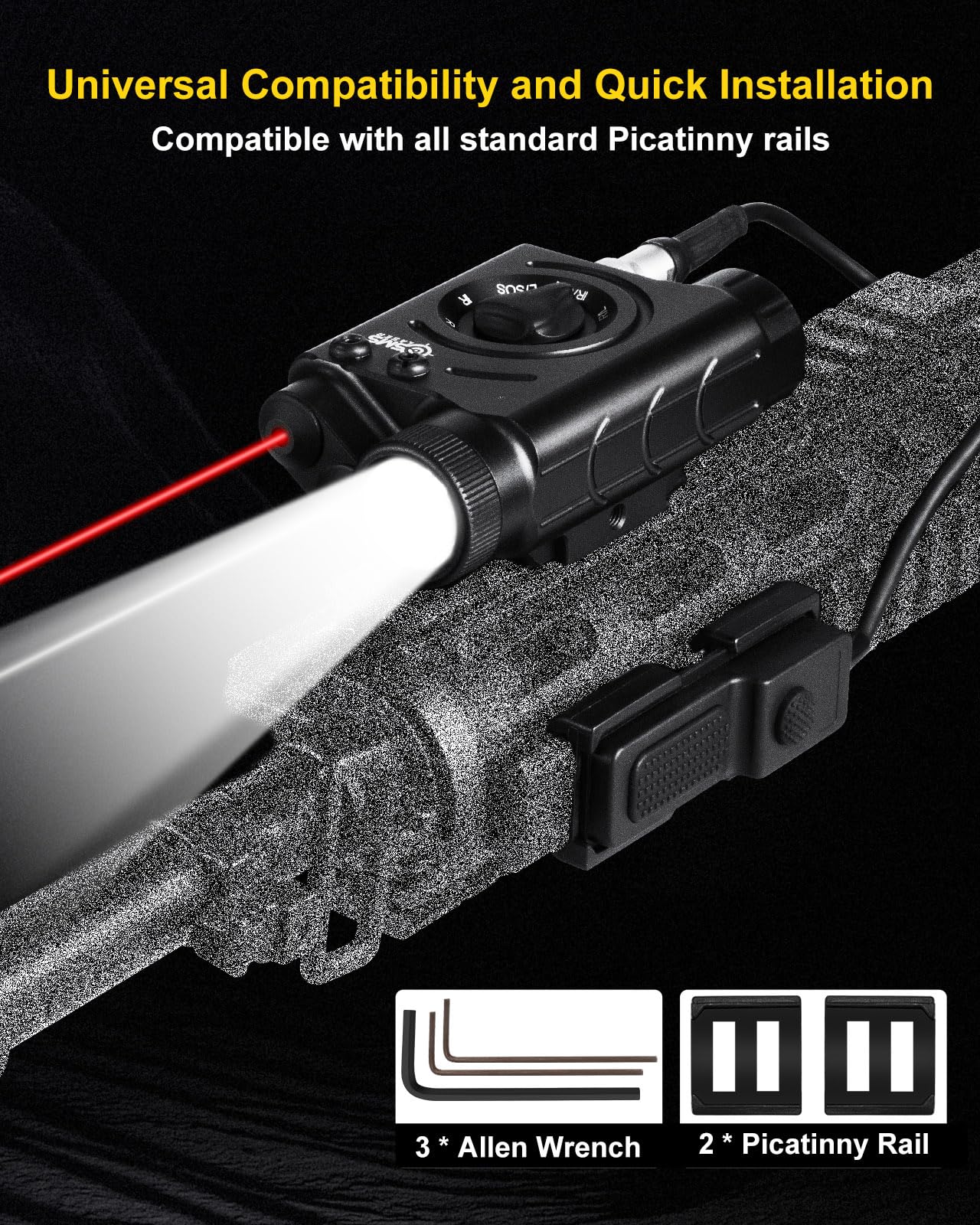 1200 Lumens Tactical LED Flashlight with IR & Red Laser Sight Combo - Remote Pressure Switch, Picatinny/M-LOK Rail Compatible - Built-in 3000mAh Rechargeable Battery - Perfect for Hunting, Camping & Home Defense