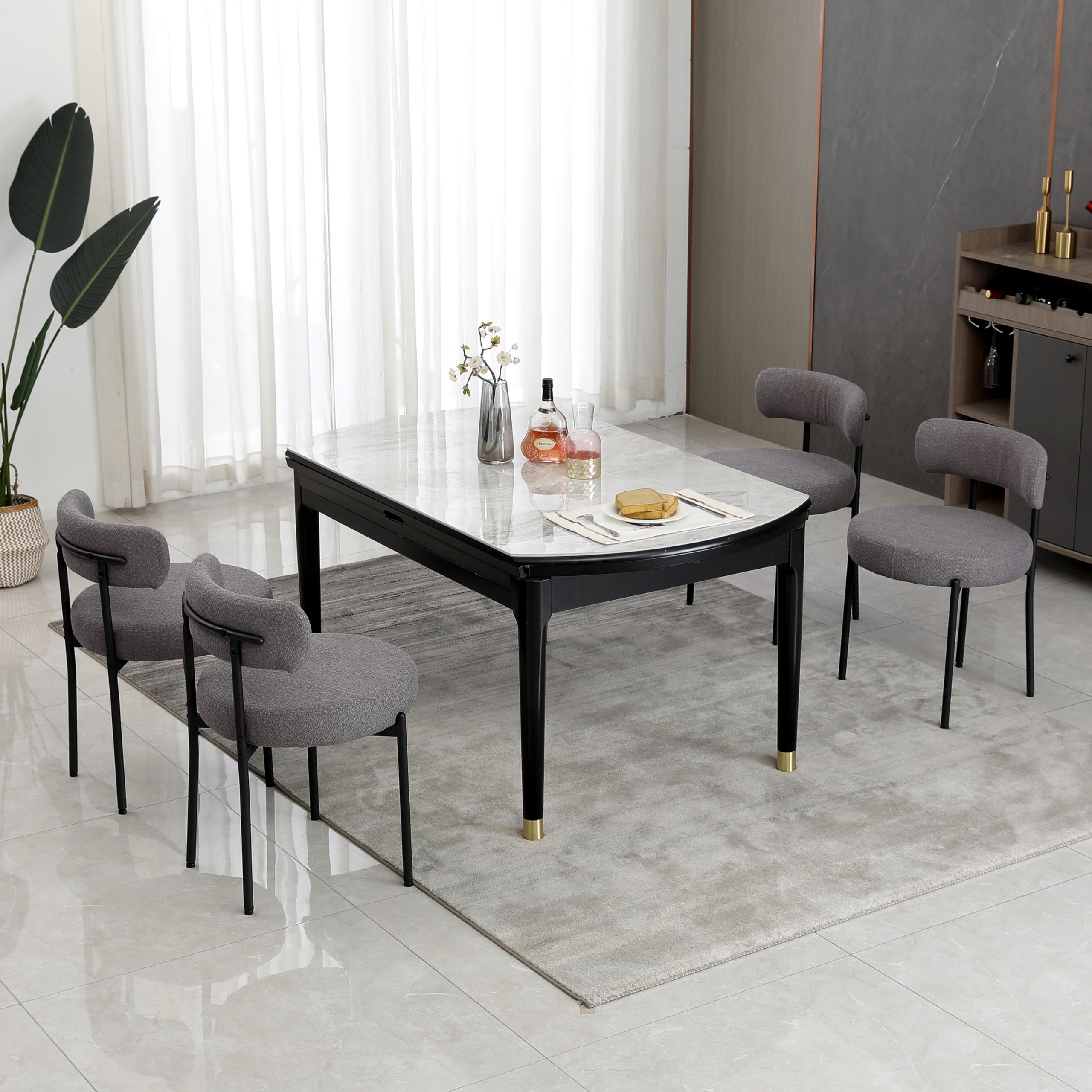 Dark Grey Upholstered Boucle Dining Chairs Set of 4 - Mid-Century Modern Round Kitchen Chairs with Curved Backrest & Black Metal Legs for Dining Room, Restaurant, or Cafe