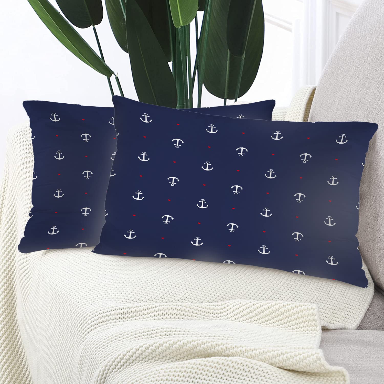 Nautical Decorative Pillow Covers 12x20 Inch - Blue and White Cotton Lumbar Cushion with Red Heart Design for Sofa, Bed, or Boat - Coastal Home Decor & Marine Themed Living Room Accessories
