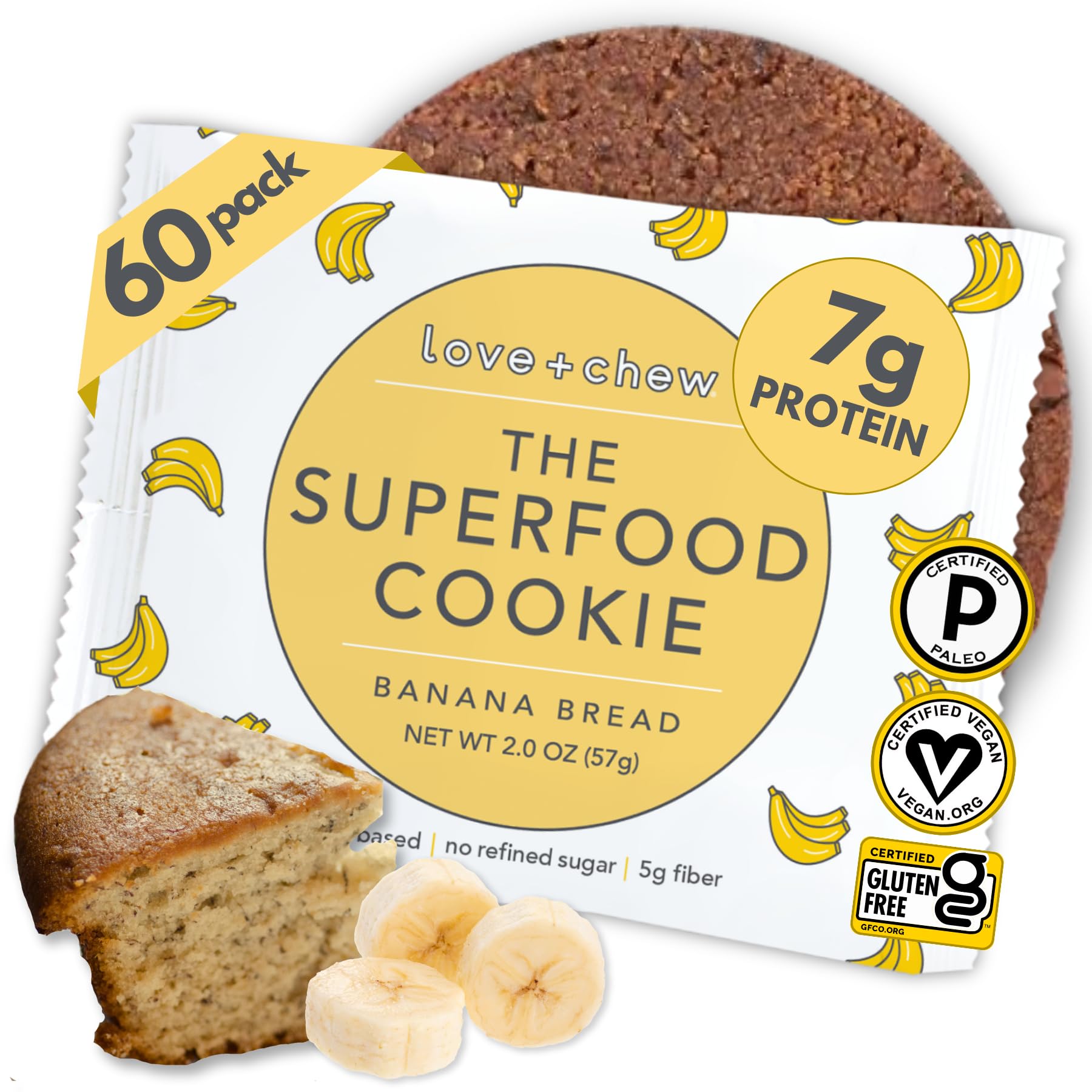 Love + Chew Gluten-Free Vegan Banana Bread Cookies - High Protein Almond Snacks, Paleo & Non-GMO - Soft Baked, Individually Wrapped (2oz, 60 Count) - Perfect for Healthy On-the-Go Snacking, Office Treats & School Lunches