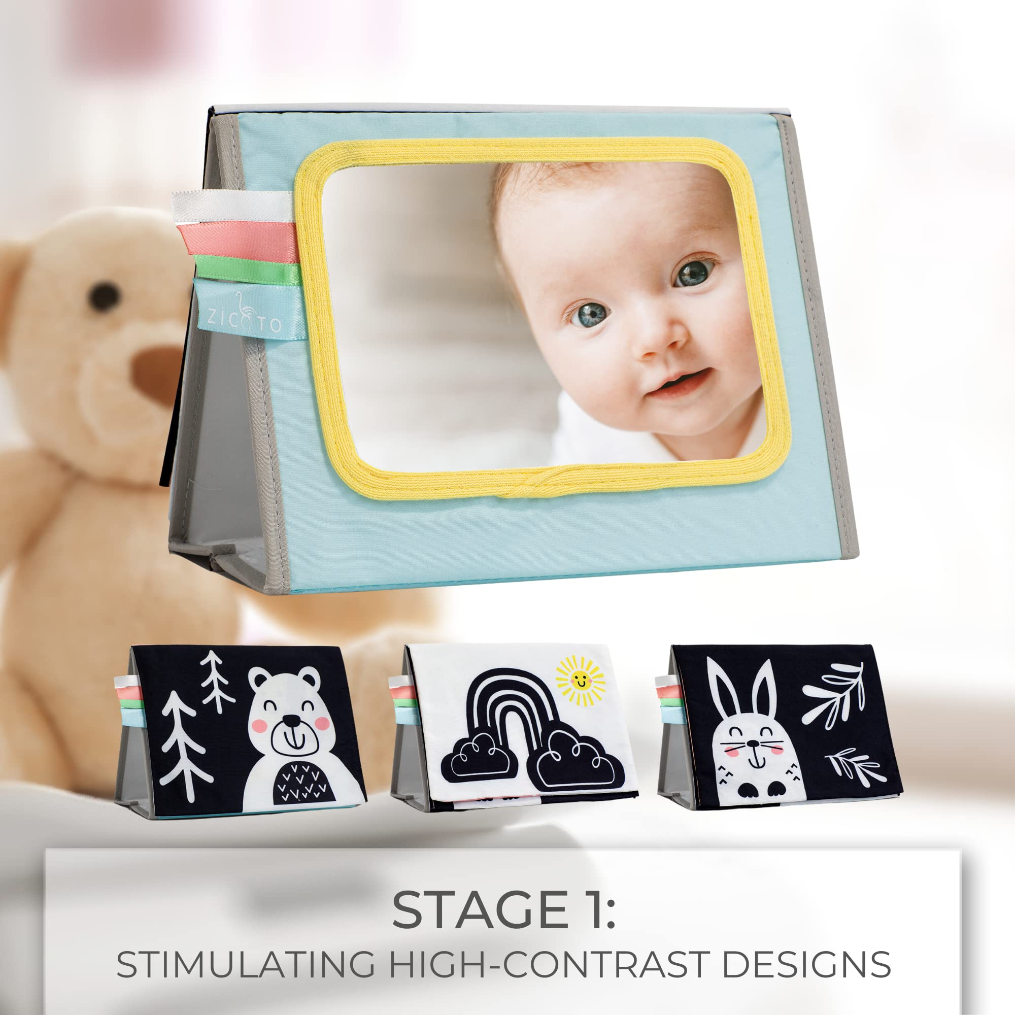 ZICOTO Soft Tummy Time Book with Large Baby-Safe Mirror - High Contrast Montessori Sensory Toy for Newborns 0-6 Months | Developmental Learning & Playtime Activity for Infants