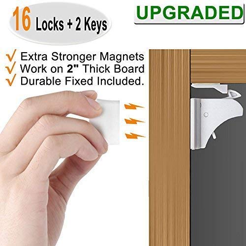 16 Pack Magnetic Cabinet Locks - Child Safety Latches for Baby Proofing Cabinets & Drawers | Strong Adhesive & Screw Installation | Perfect for Kitchen, Bathroom & Nursery Childproofing