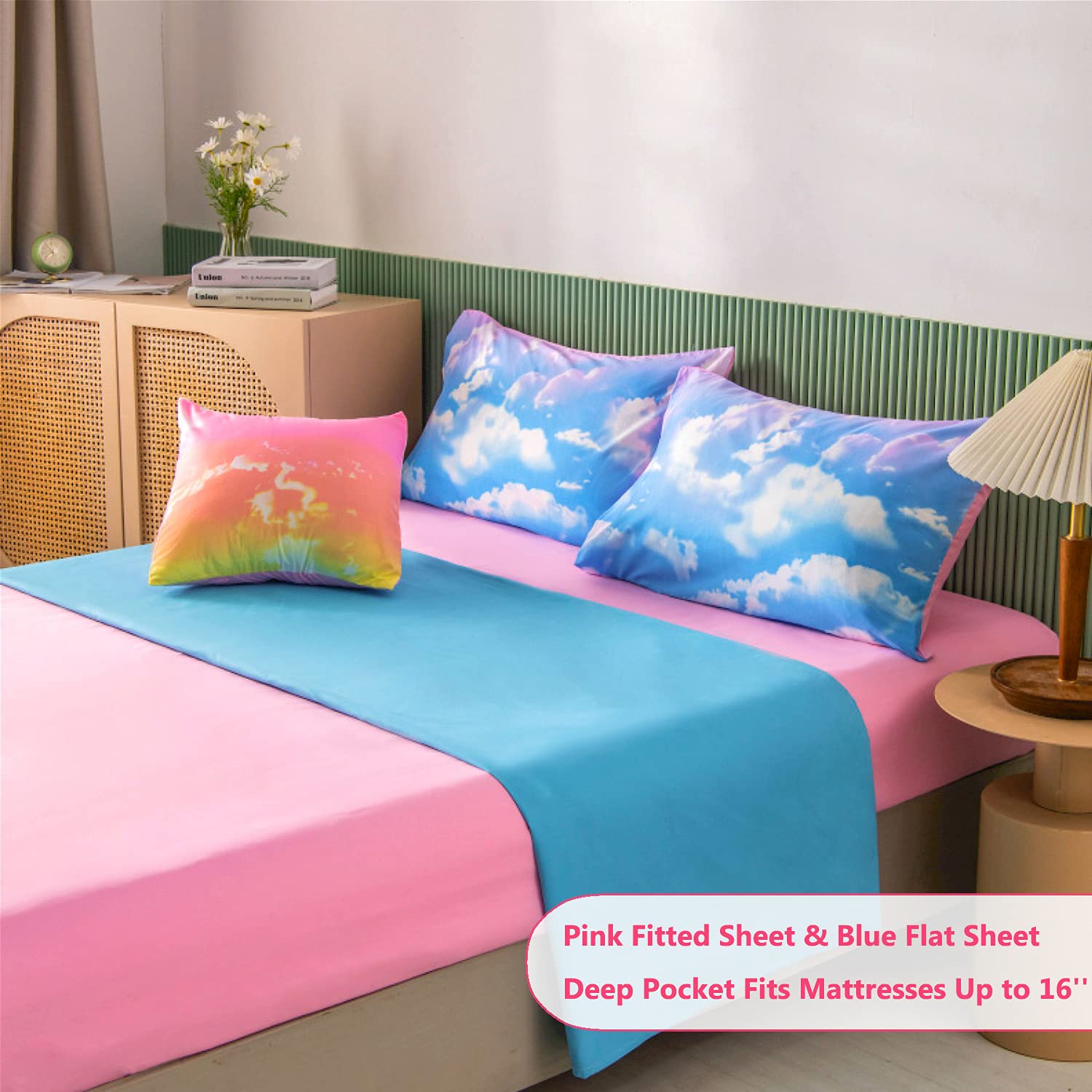 PERFEMET White Cloud Print Girls Comforter Set Queen Size 6 Pieces - Tie Dye Rainbow Bedding Set for Teen Girls - Includes Comforter, Sheets & Pillowcases - Perfect for Dorm Rooms, Sleepovers & Birthday Gifts