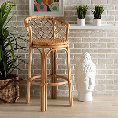 Baxton Studio Orchard Modern Bar Stool - Natural Brown Rattan Counter Height Stool for Kitchen Island, Breakfast Nook & Home Bar - Comfortable & Stylish Seating Solution