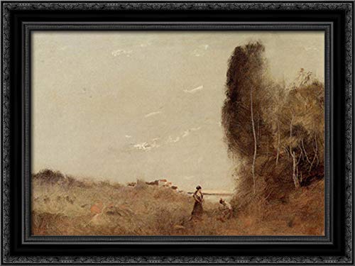 Morning By The Water 24x18 Black Ornate Wood Framed Canvas Art by Jean Baptiste Camille Corot - Classic Landscape Painting for Living Room, Bedroom & Office Decor