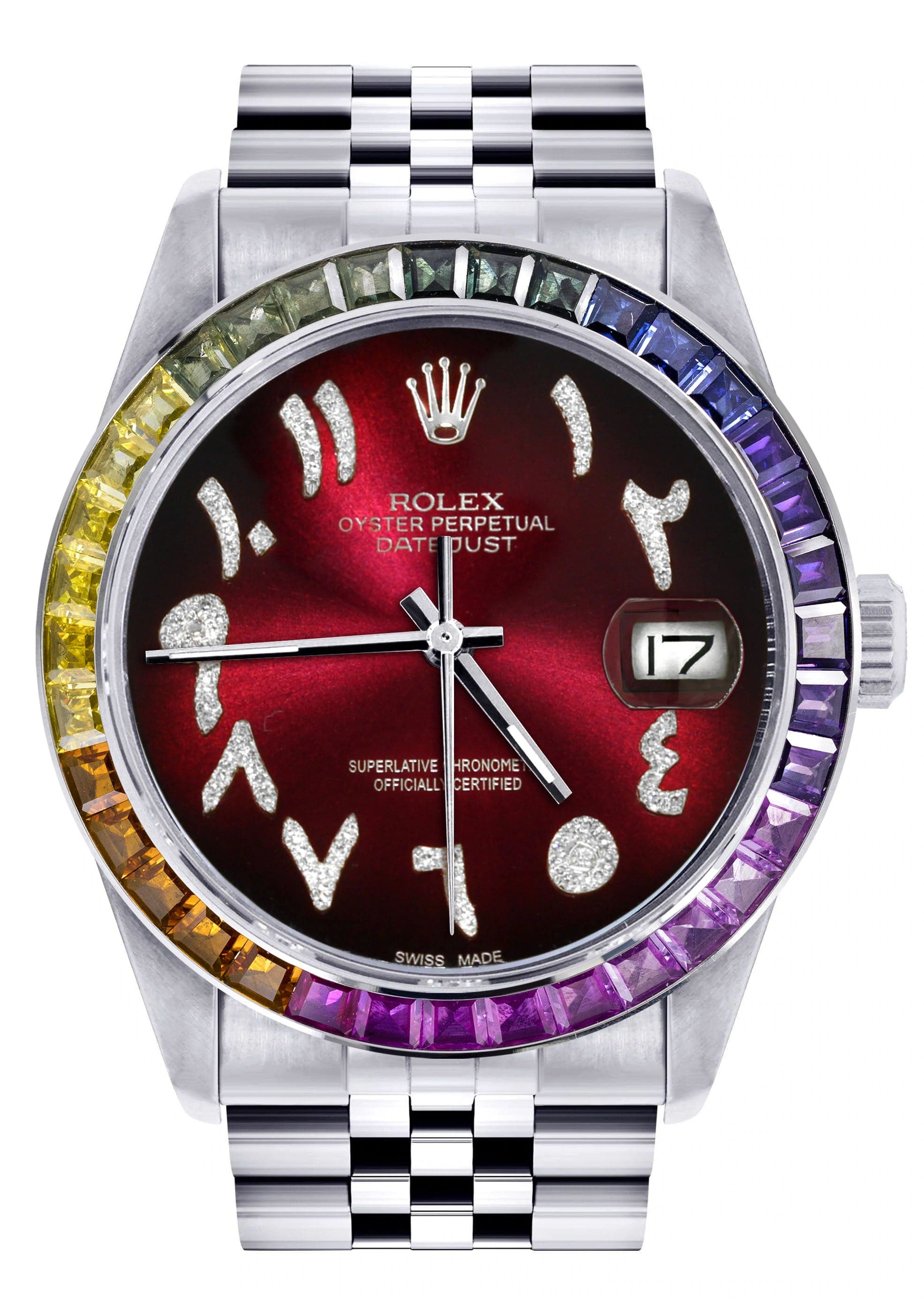 Luxury Diamond Gold Rolex Watch for Men 16200 - 36mm Rainbow Sapphire Bezel, Red Black Arabic Numeral Dial with Jubilee Band | Perfect for Formal Events, Business Meetings & Special Occasions