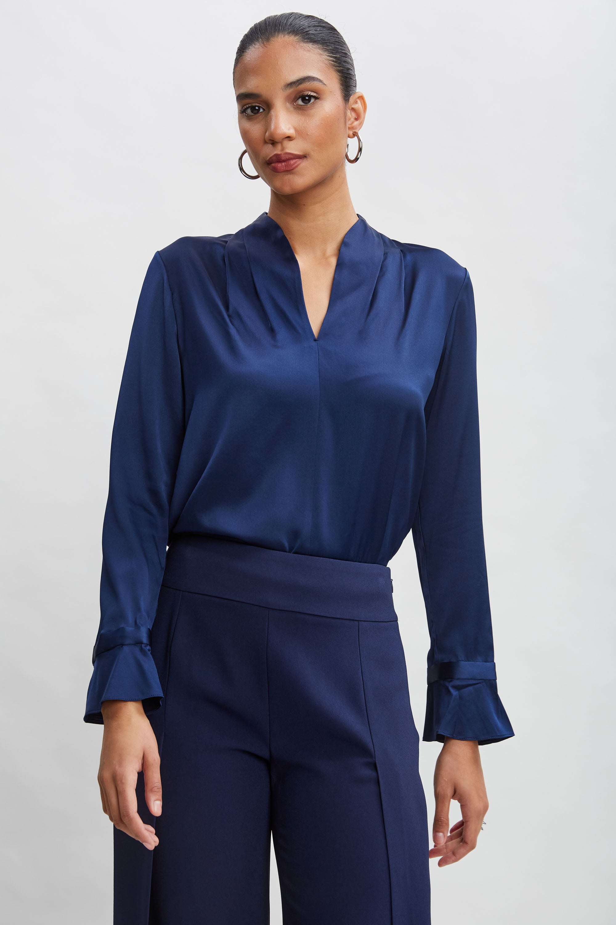 Silk Satin Blouse with Contour Neckline & Ruffle Cuffs - Elegant Women's Fashion Top for Office, Party & Special Occasions