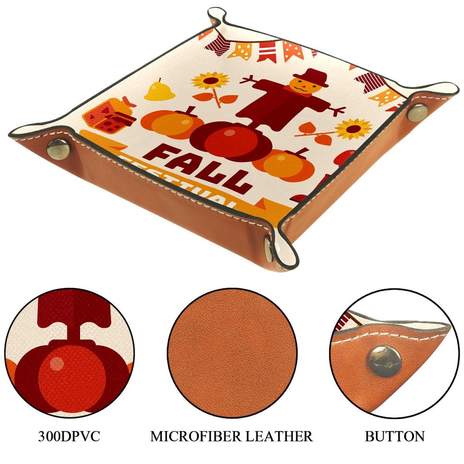 Leather Folding Dice Tray with Storage - Portable Square Jewelry Organizer for Watches, Keys, Coins & Candy - Perfect for Board Games, Travel & Fall Festival Decor (Pumpkin, Scarecrow, Sunflower Design)