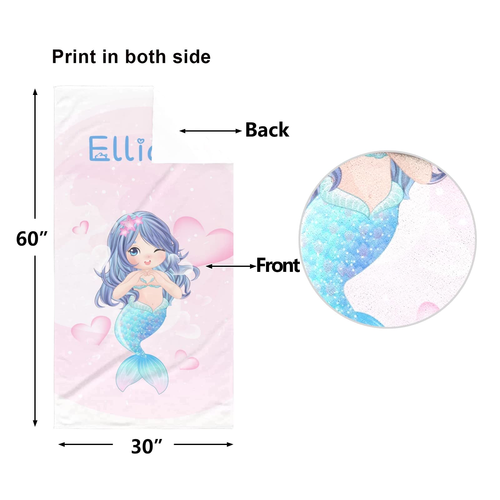 Dr.TOUGH Personalized Kids Beach Towels - Custom Name Mermaid Beach Towels for Girls, Soft Microfiber Quick Dry Towel (Mermaid Design) - Perfect for Pool, Beach, Vacation & Summer Activities
