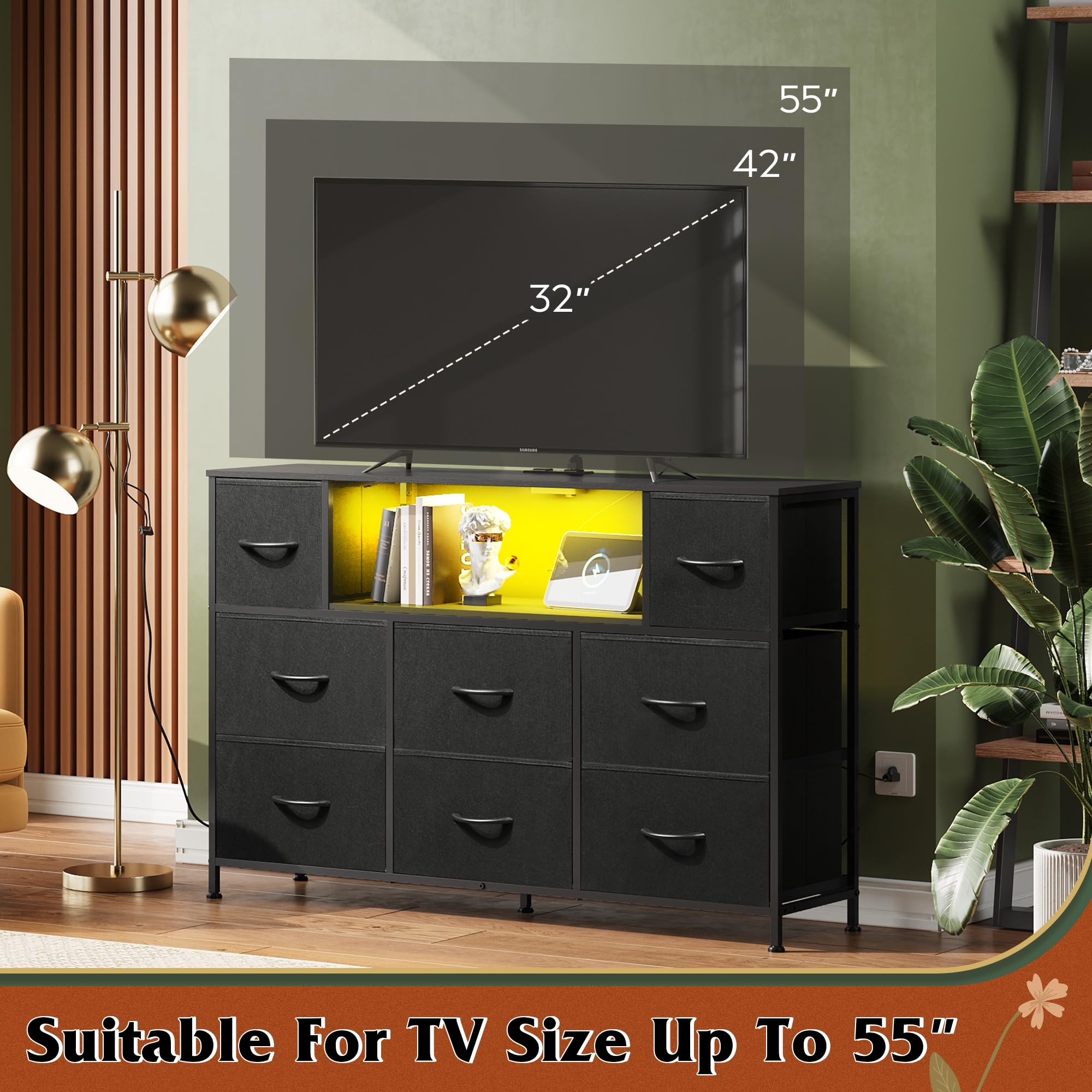 WLIVE Modern Black Dresser with LED Lights & Charging Station - 8-Drawer Fabric Storage Cabinet for Bedroom, Living Room or Closet - TV Stand Fits 55 Inch Screens with Open Shelves - Perfect for Bedroom Organization & Entertainment Setup