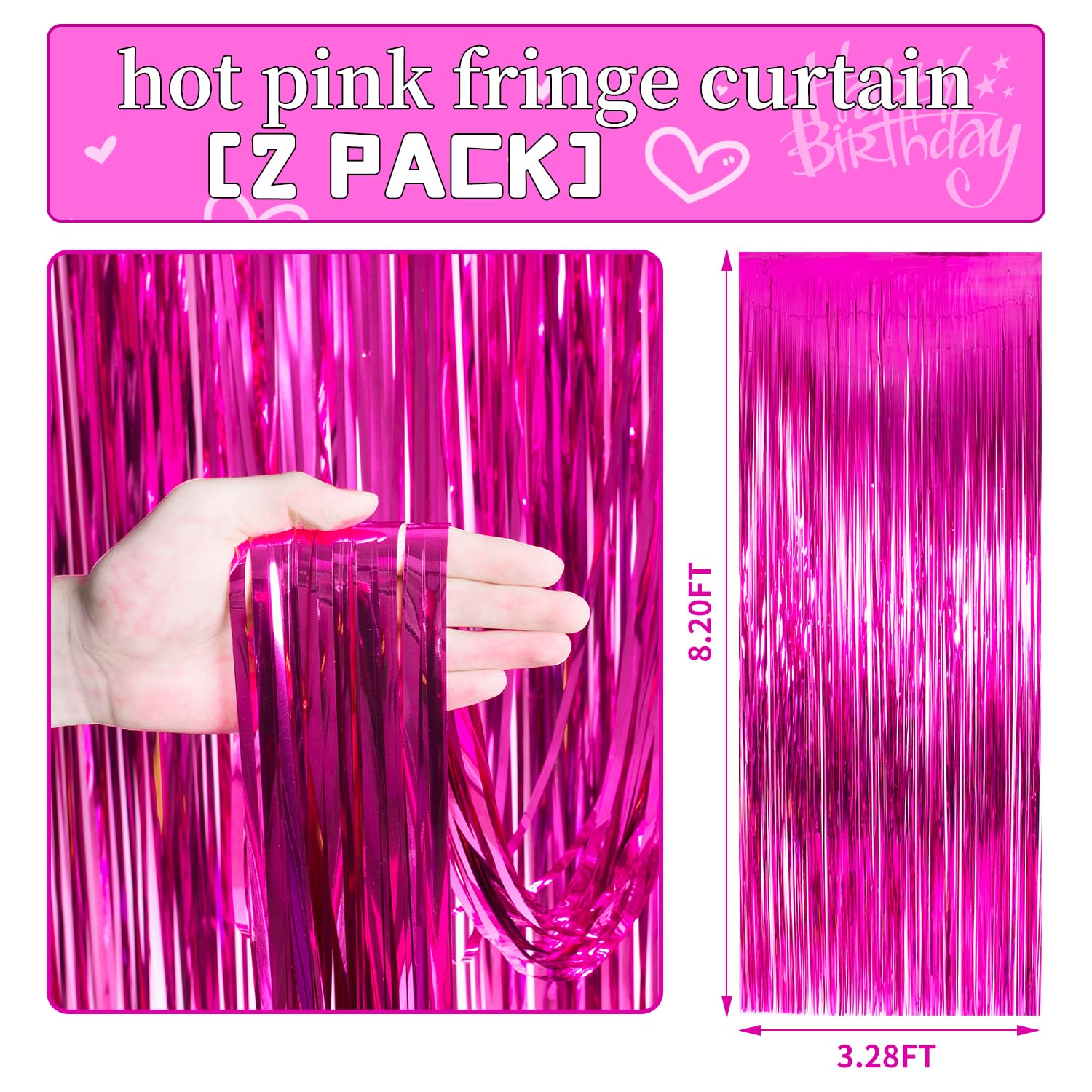 Hot Pink Tinsel Curtains Backdrop - 2 Pack 3.3x8.2FT Fringe Party Decorations for Birthday, Photo Booth, Baby Shower & Bridal Shower - Glamorous Pink Streamers for Women's & Girls' Party Decor