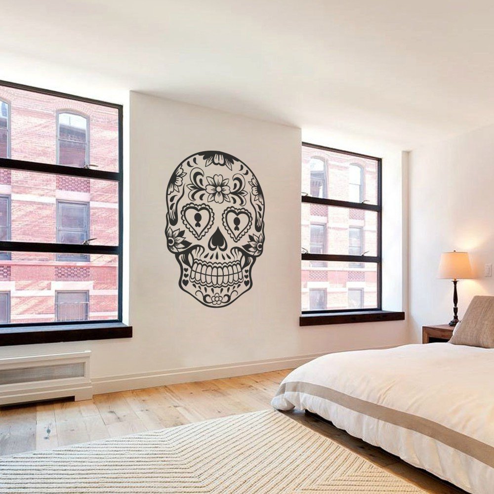 Mexican Sugar Skull Vinyl Wall Decal - Large White Day of the Dead Wall Sticker for Home Decor, Bedroom, Living Room & Office