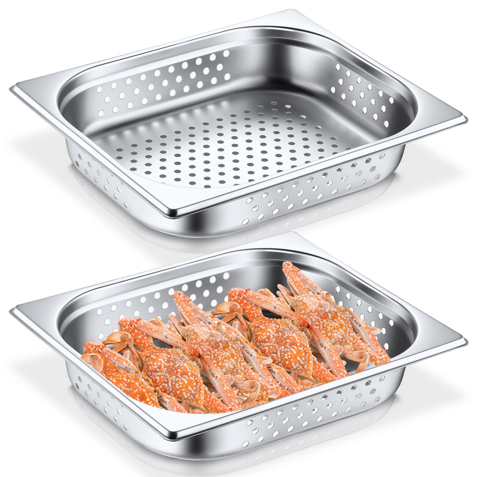 Lounsweer 2-Pack Stainless Steel Half Size Perforated Hotel Pans - Commercial Steam Table Pans for Catering, Restaurants & Kitchen Use (12.8
